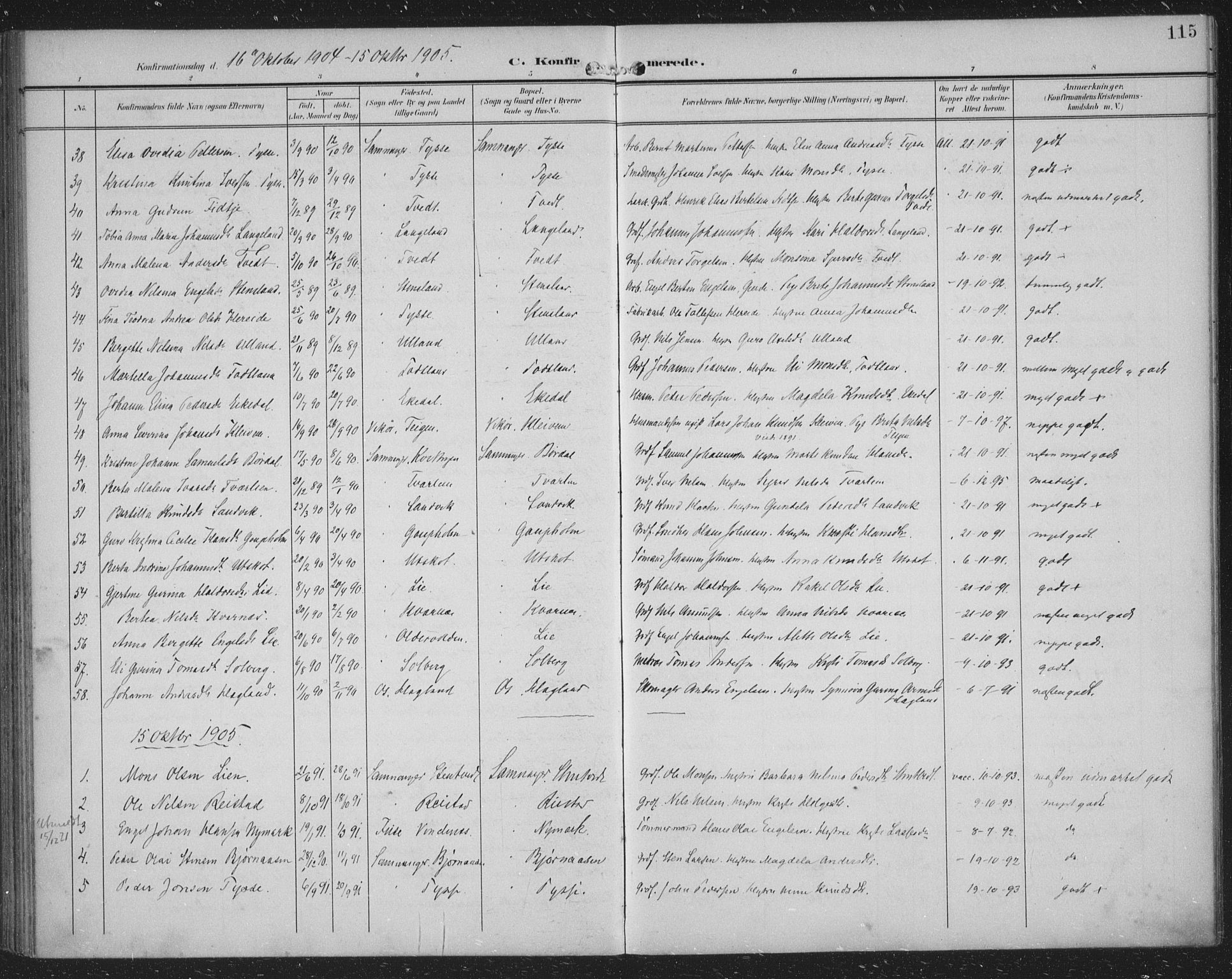 Samnanger Sokneprestembete, SAB/A-77501/H/Haa: Parish register (official) no. A 2, 1902-1918, p. 115