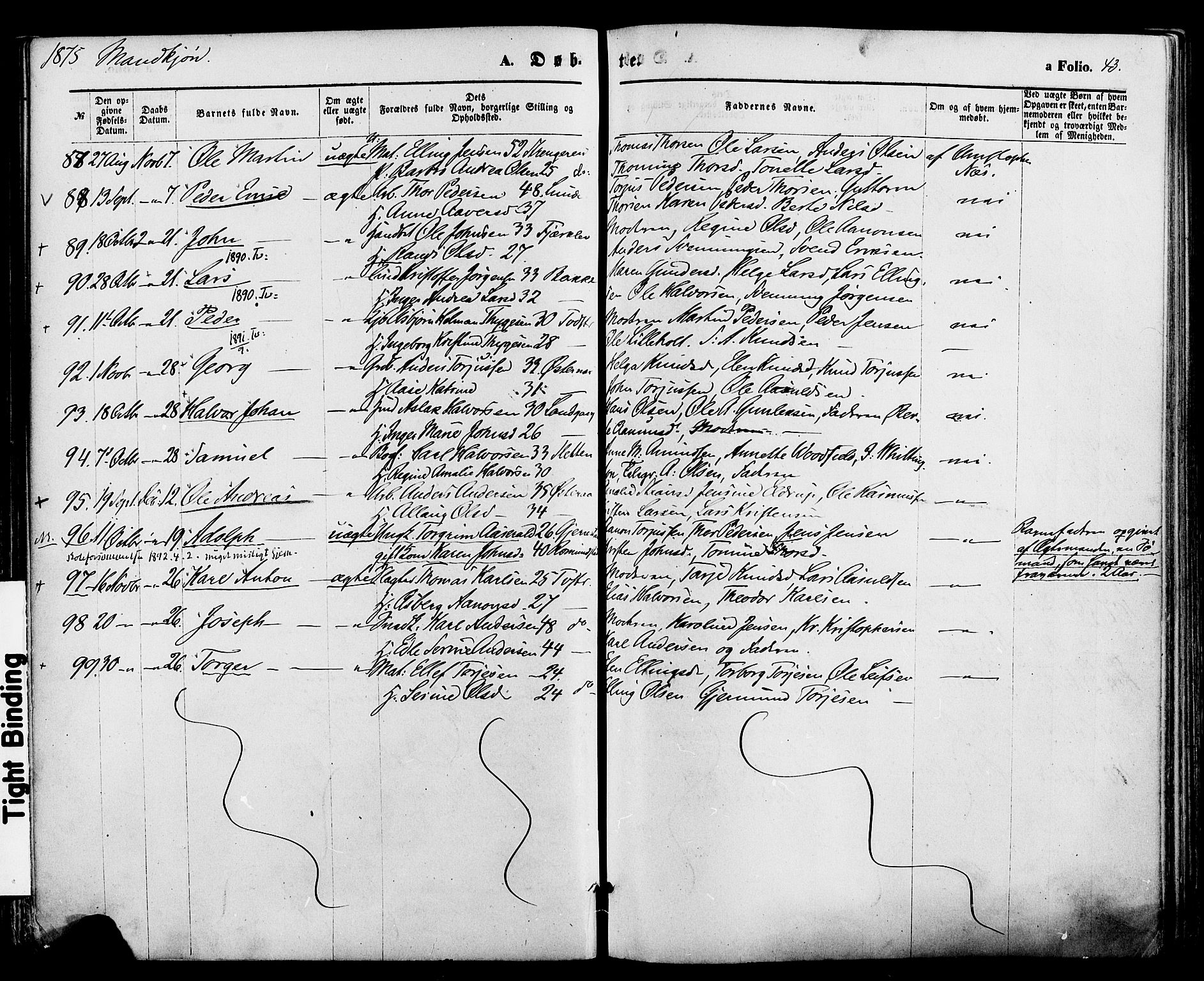 Holt sokneprestkontor, AV/SAK-1111-0021/F/Fa/L0010: Parish register (official) no. A 10, 1872-1885, p. 43