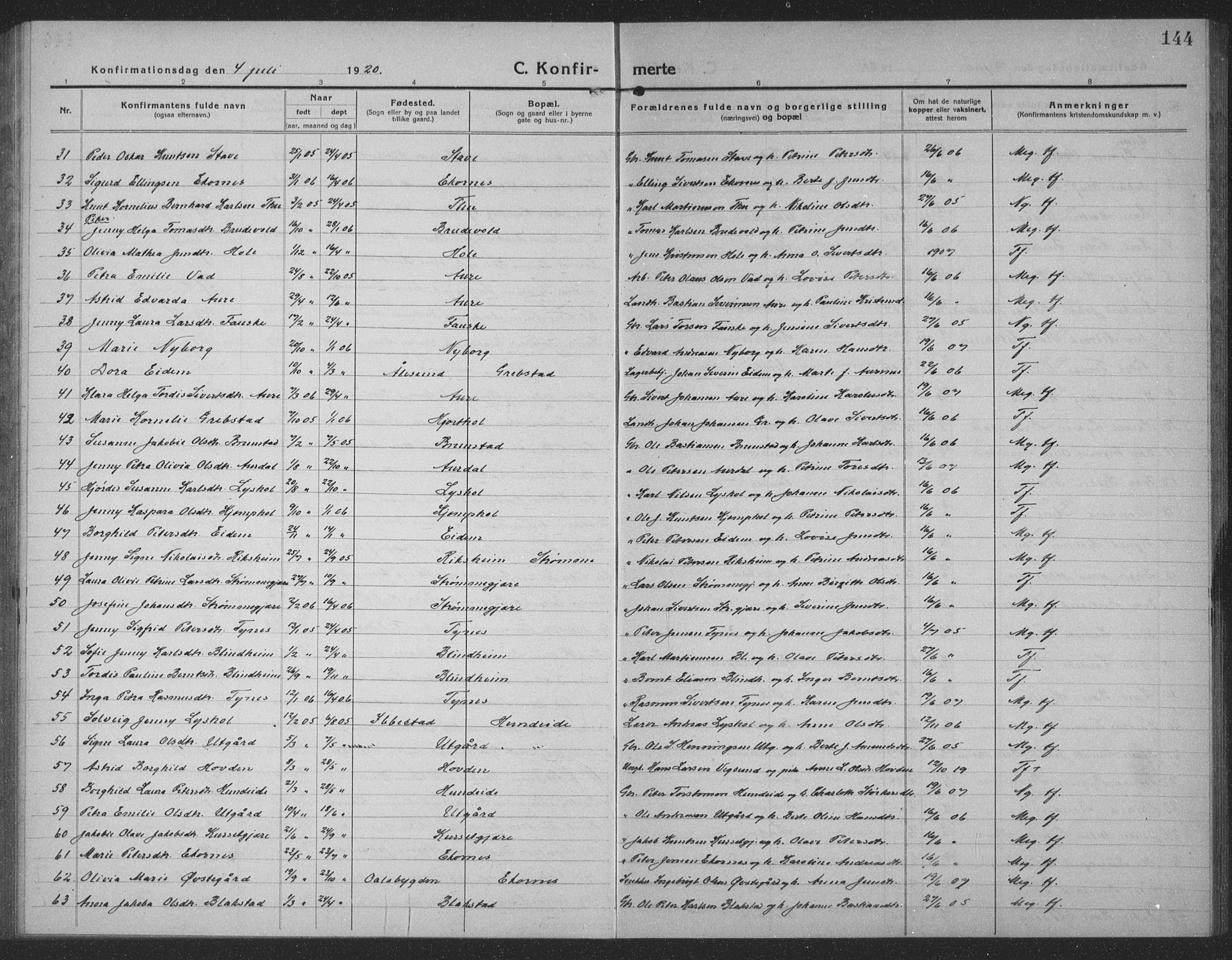 Ministerialprotokoller, klokkerbøker og fødselsregistre - Møre og Romsdal, AV/SAT-A-1454/523/L0342: Parish register (copy) no. 523C05, 1916-1937, p. 144