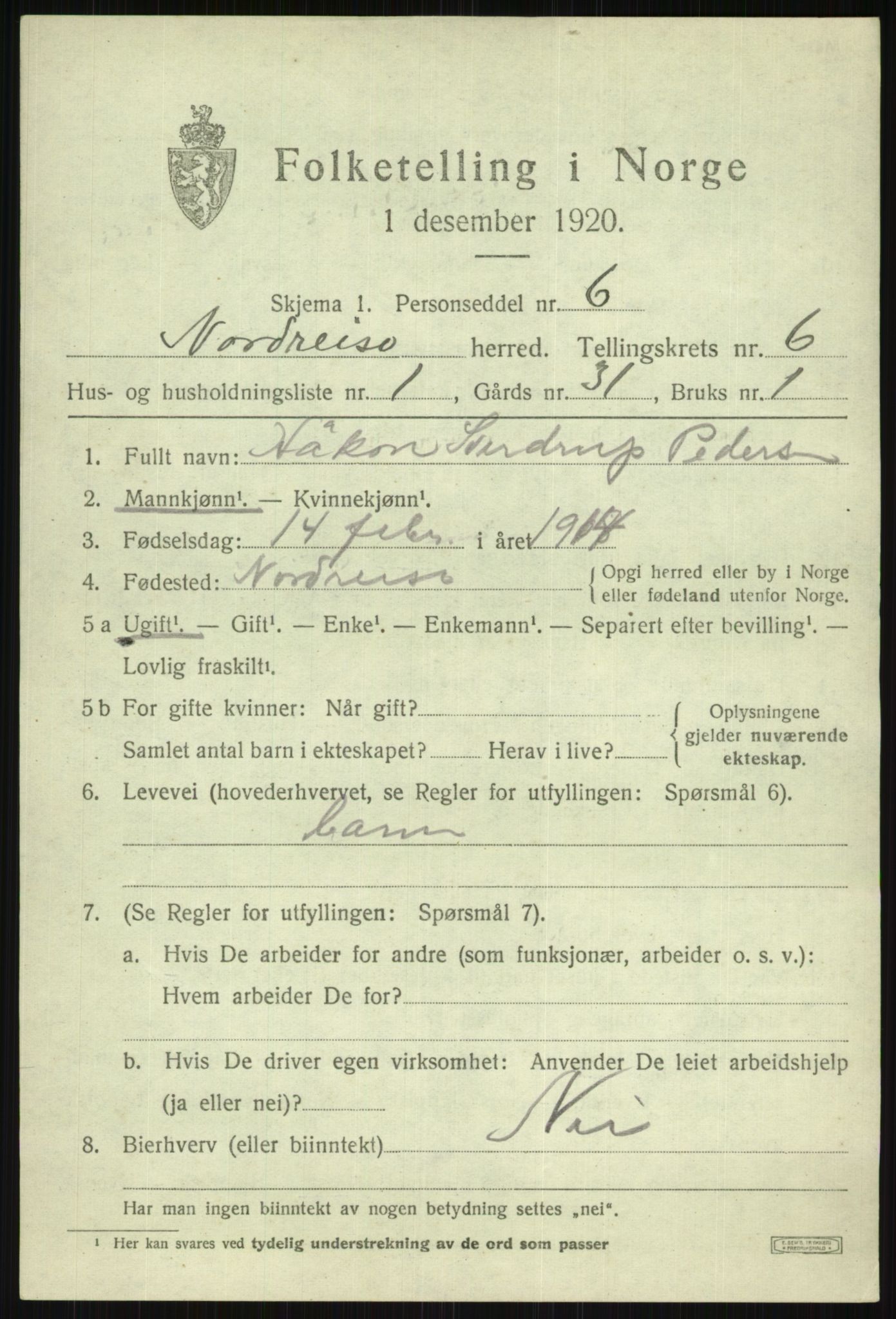 SATØ, 1920 census for Nordreisa, 1920, p. 2713