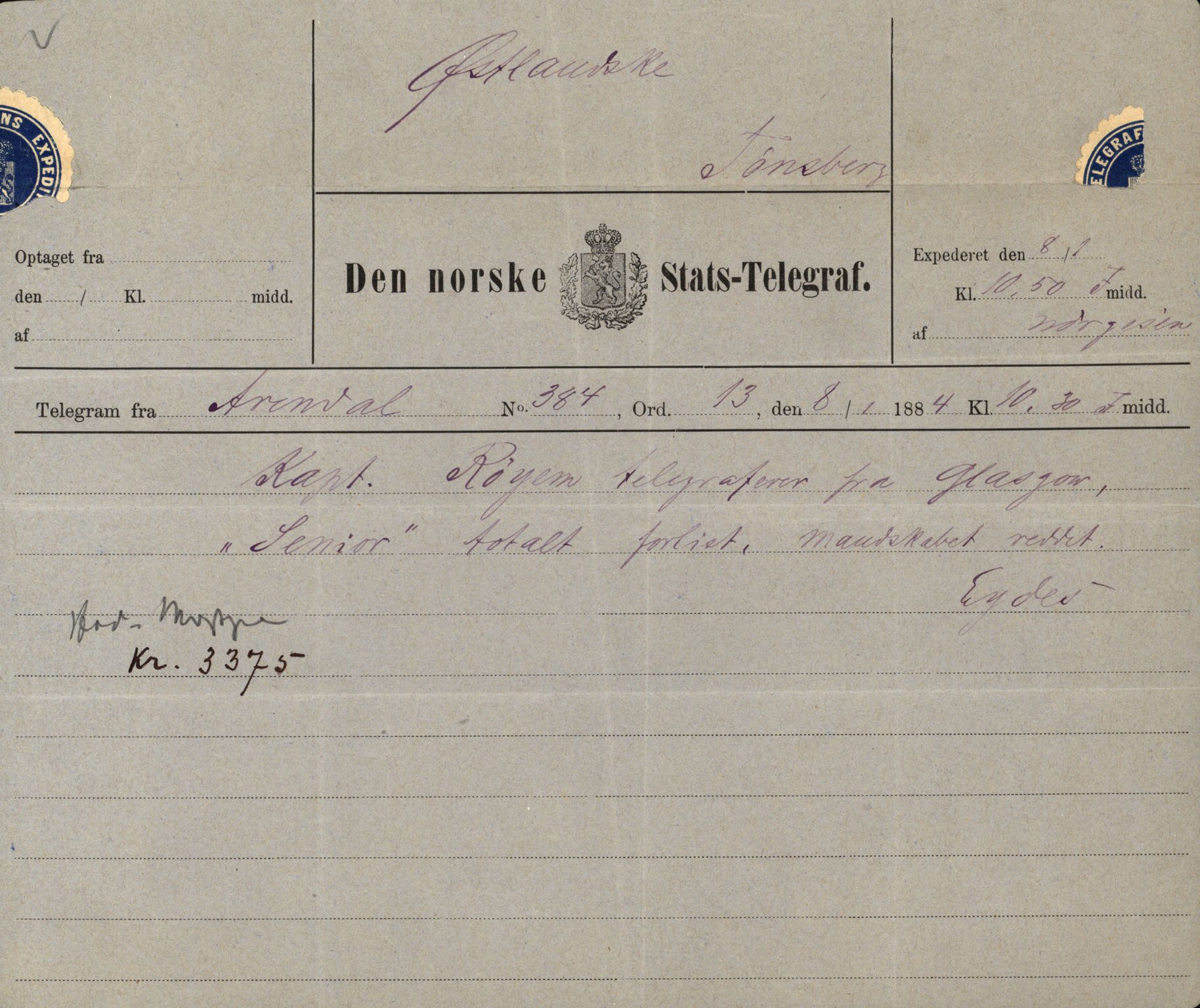 Pa 63 - Østlandske skibsassuranceforening, VEMU/A-1079/G/Ga/L0017/0005: Havaridokumenter / Signe, Hurra, Activ, Sjofna, Senior, Scandia, 1884, p. 75