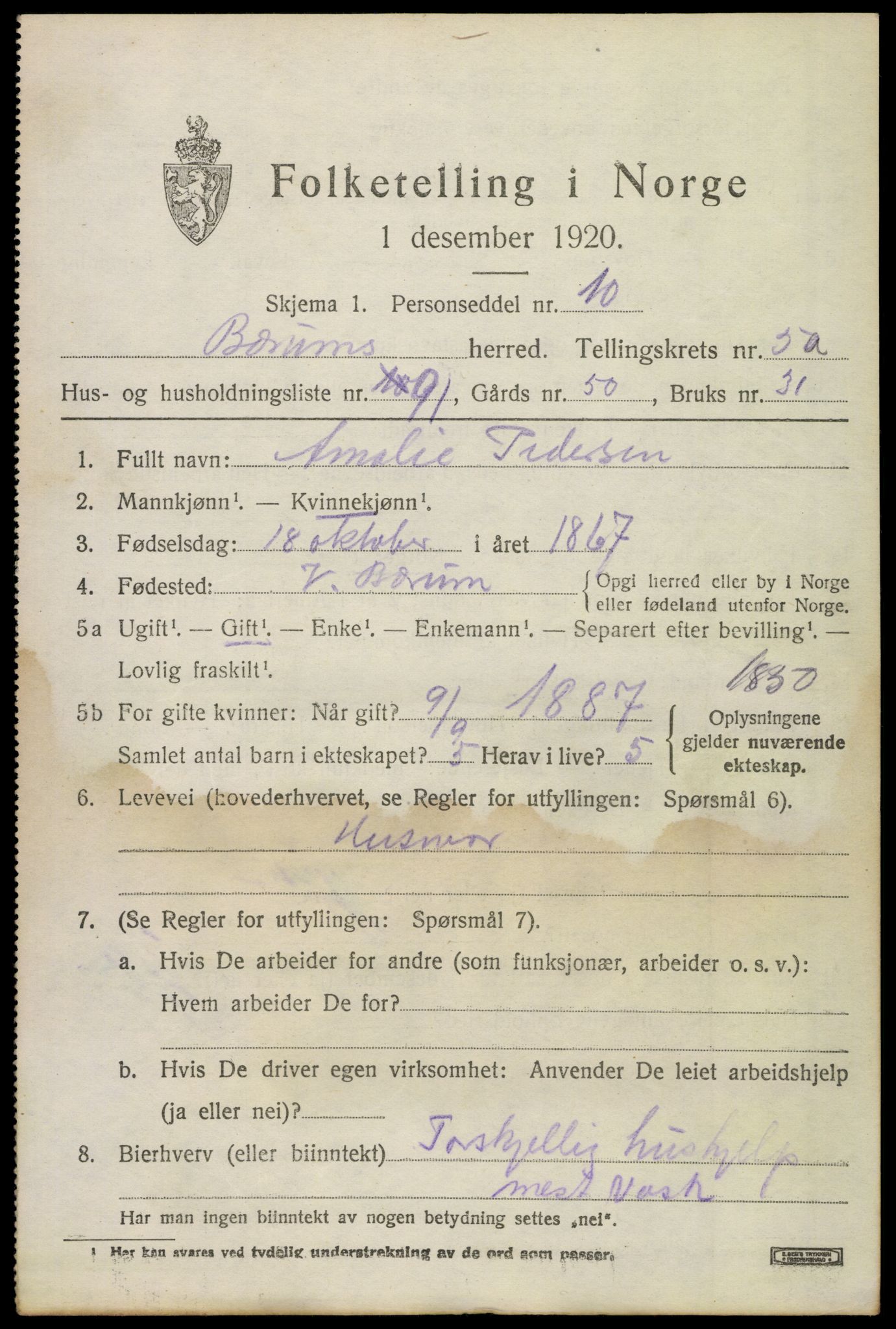 SAO, 1920 census for Bærum, 1920, p. 11608