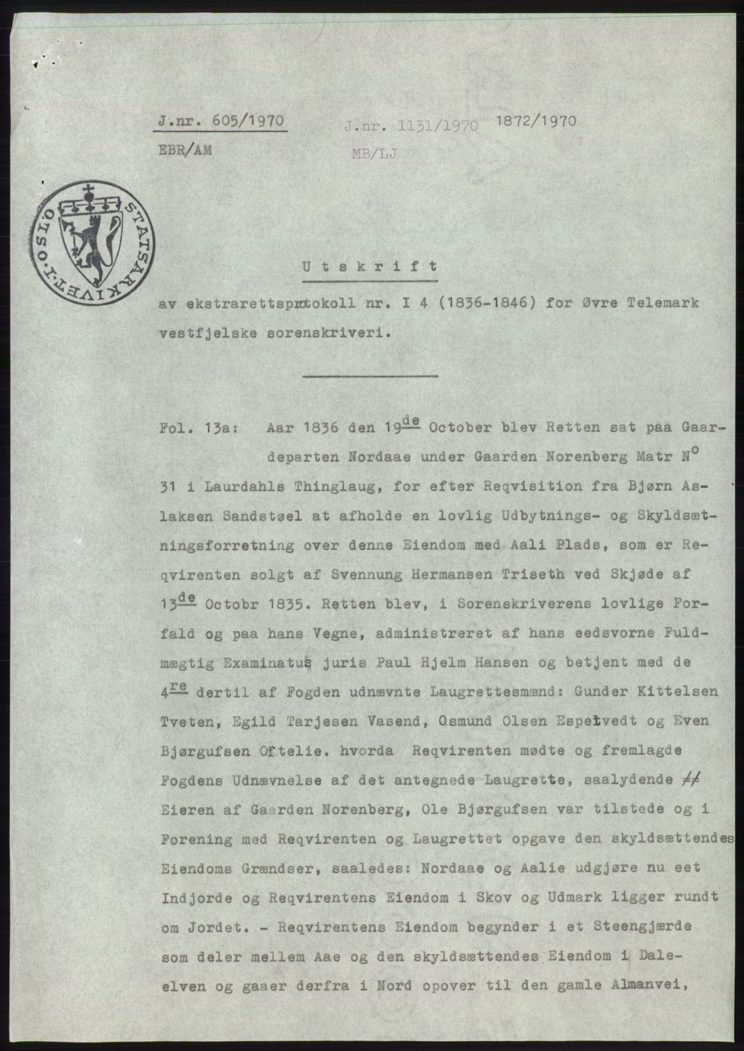 Statsarkivet i Kongsberg, AV/SAKO-A-0001/E/Ee/L0053: Avskrifter, SAO jnr. 605/1970 - 1177/1970, 1970, p. 2
