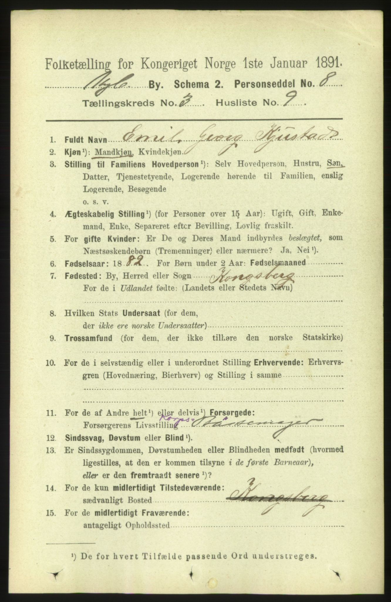 RA, 1891 census for 0604 Kongsberg, 1891, p. 2852