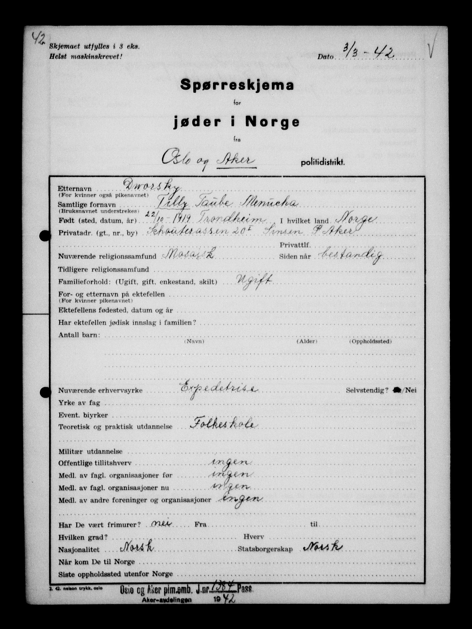 Statspolitiet - Hovedkontoret / Osloavdelingen, AV/RA-S-1329/G/Ga/L0011: Spørreskjema for jøder i Norge. 1: Oslo 610-806 (Plavnik-Zwillinger). 2: Aker 1-113 (Adler-Lewin). , 1942, p. 711