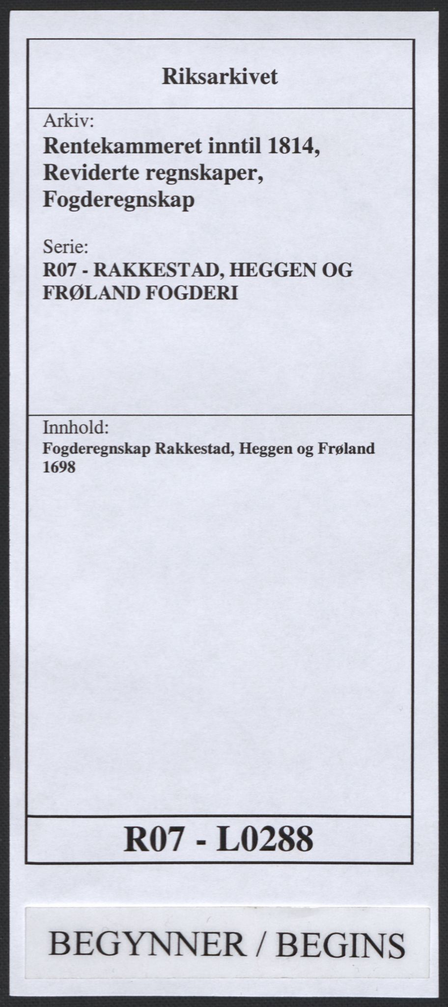Rentekammeret inntil 1814, Reviderte regnskaper, Fogderegnskap, RA/EA-4092/R07/L0288: Fogderegnskap Rakkestad, Heggen og Frøland, 1698, p. 1