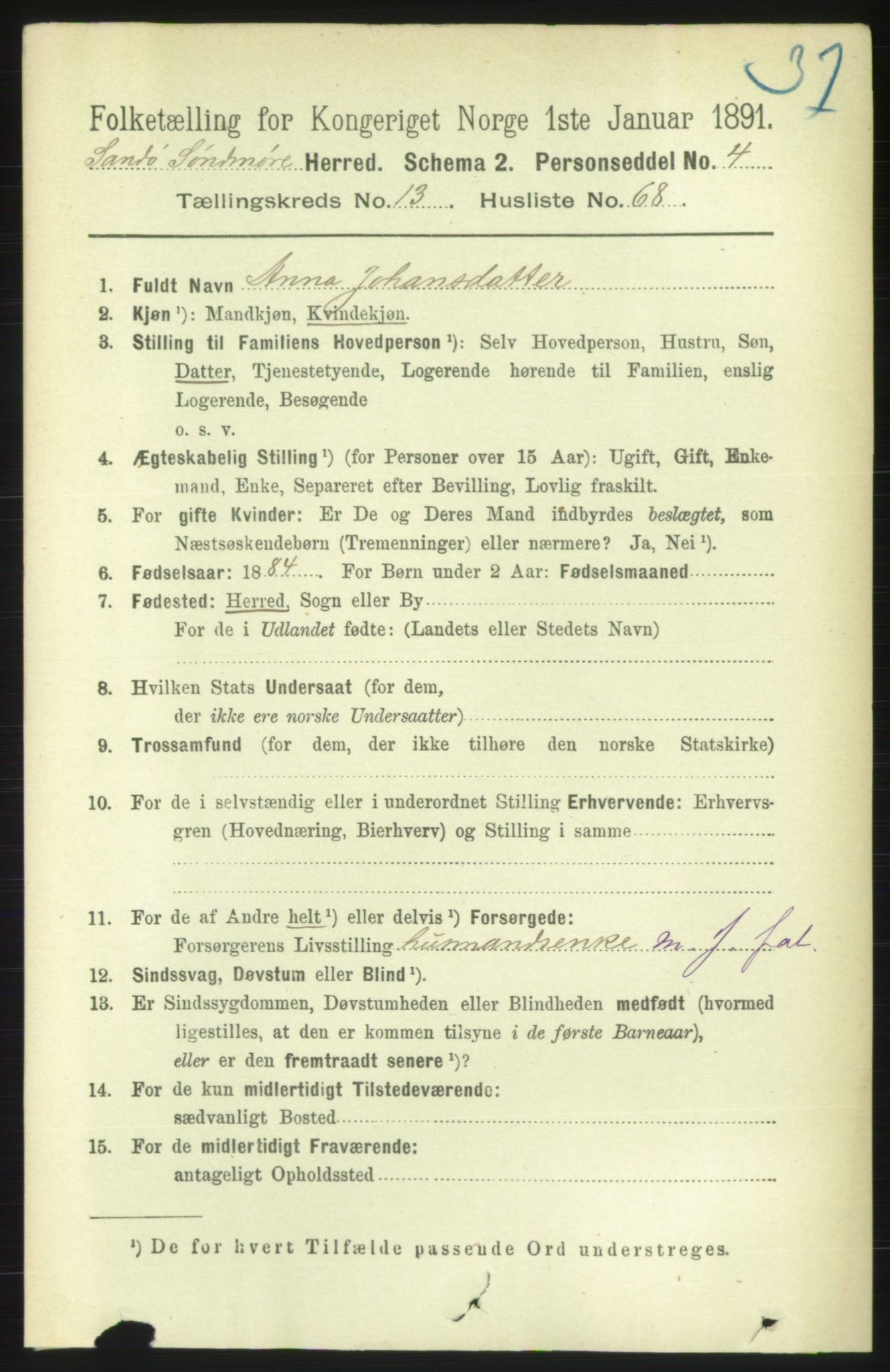 RA, 1891 census for 1514 Sande, 1891, p. 2818