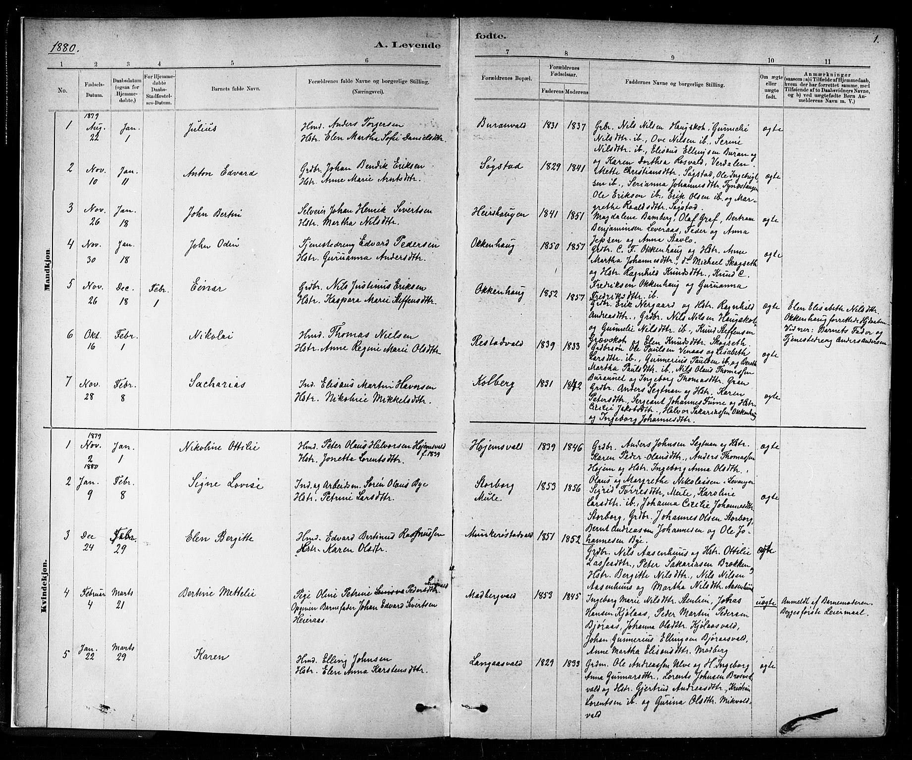 Ministerialprotokoller, klokkerbøker og fødselsregistre - Nord-Trøndelag, SAT/A-1458/721/L0208: Parish register (copy) no. 721C01, 1880-1917, p. 1
