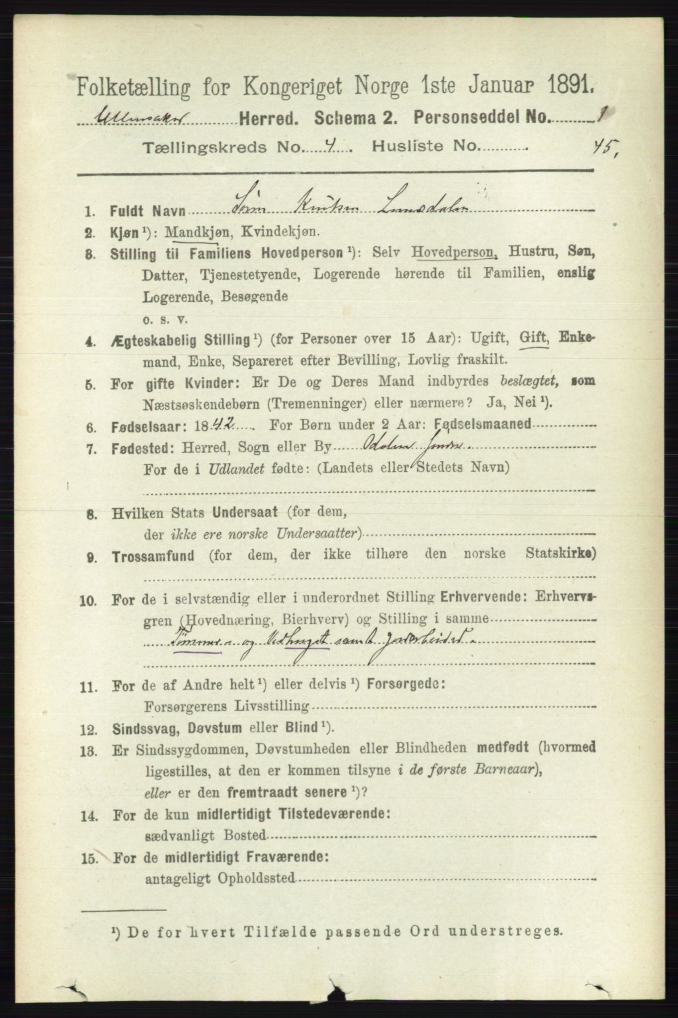 RA, 1891 census for 0235 Ullensaker, 1891, p. 1742