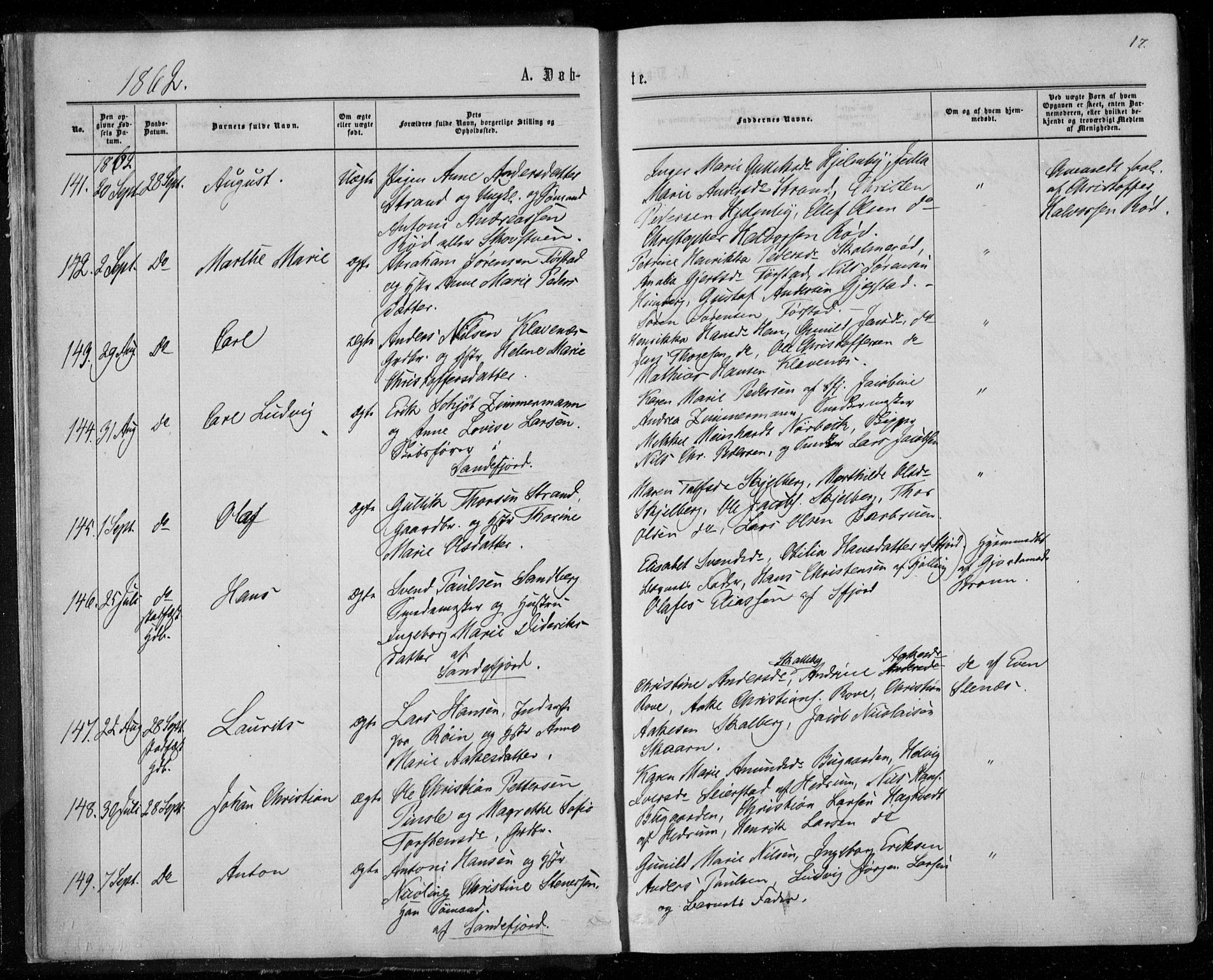 Sandar kirkebøker, SAKO/A-243/F/Fa/L0008: Parish register (official) no. 8, 1862-1871, p. 17