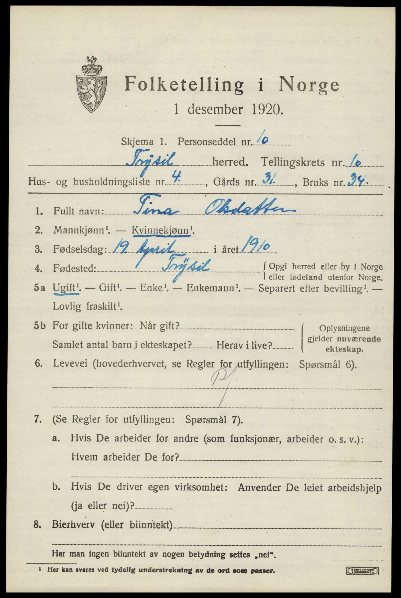 SAH, 1920 census for Trysil, 1920, p. 6909