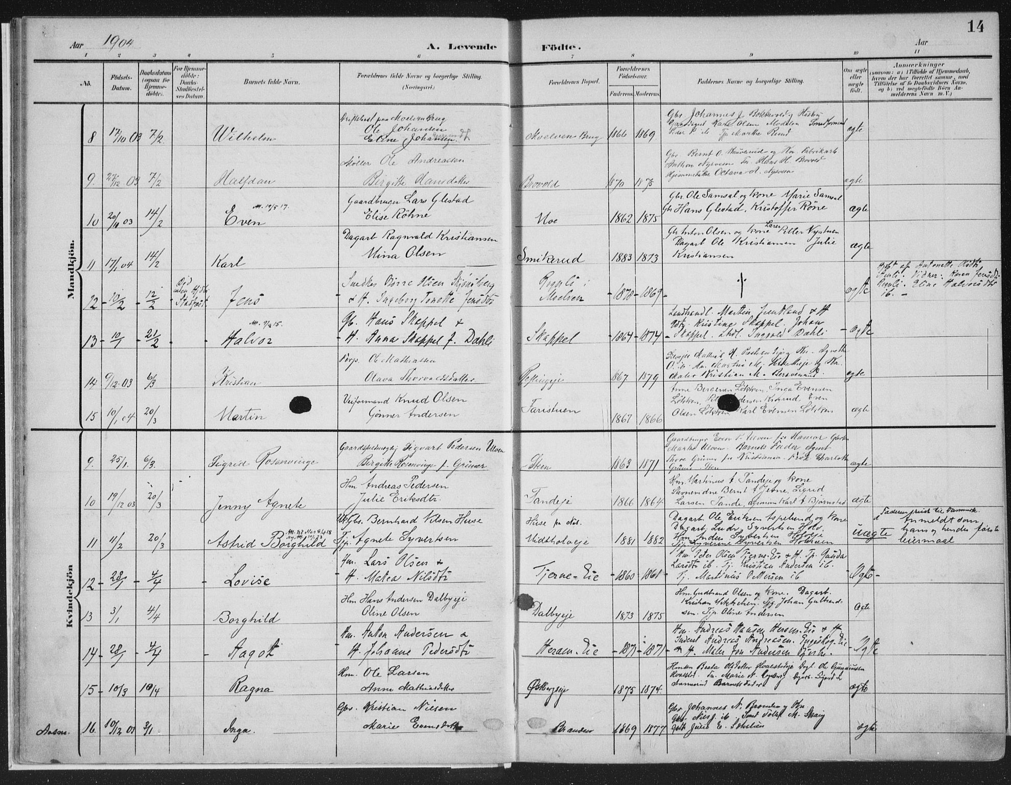 Ringsaker prestekontor, AV/SAH-PREST-014/K/Ka/L0018: Parish register (official) no. 18, 1903-1912, p. 14