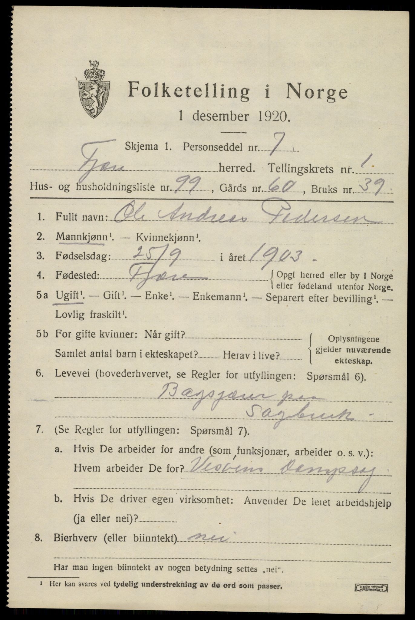 SAK, 1920 census for Fjære, 1920, p. 3167