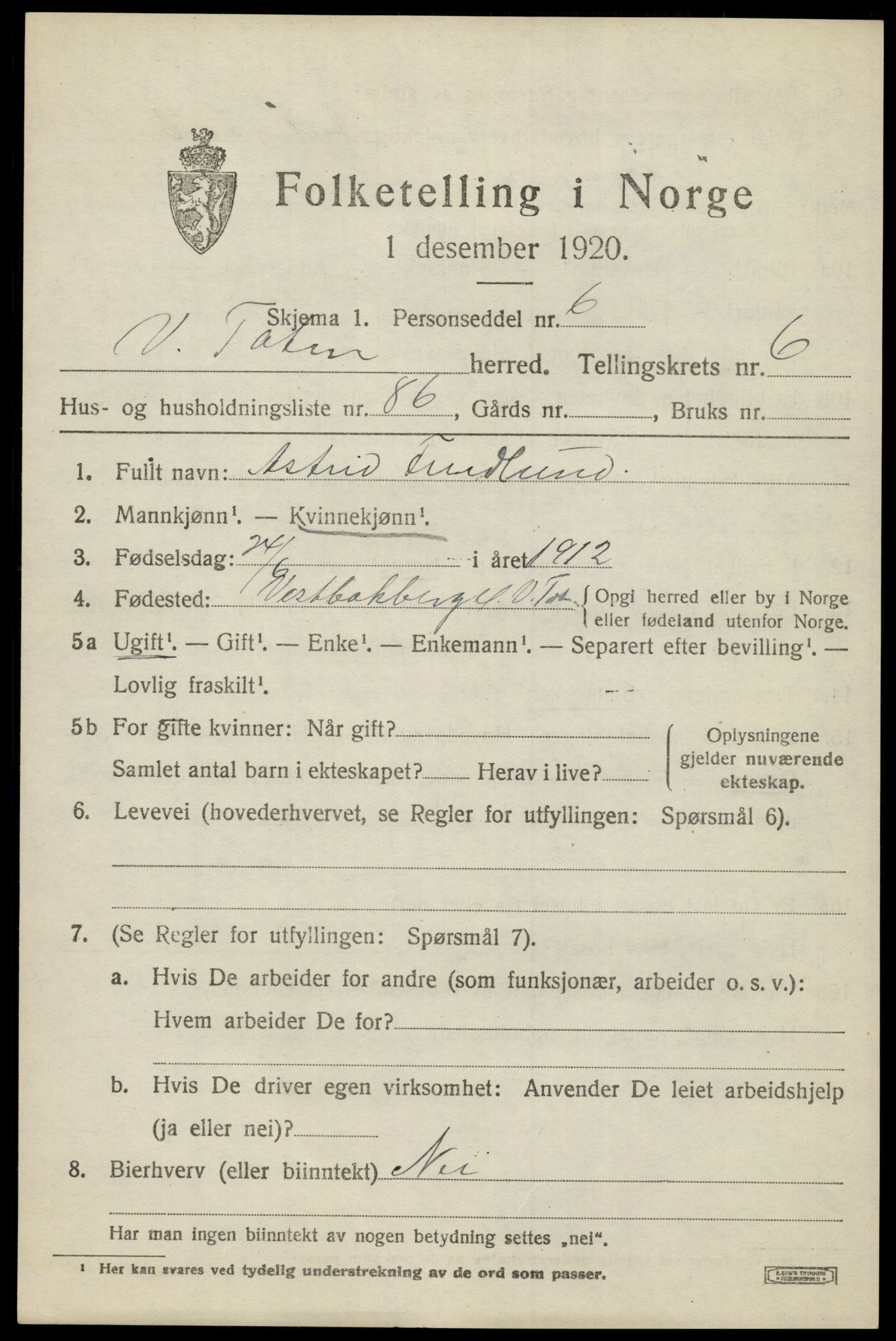 SAH, 1920 census for Vestre Toten, 1920, p. 9140