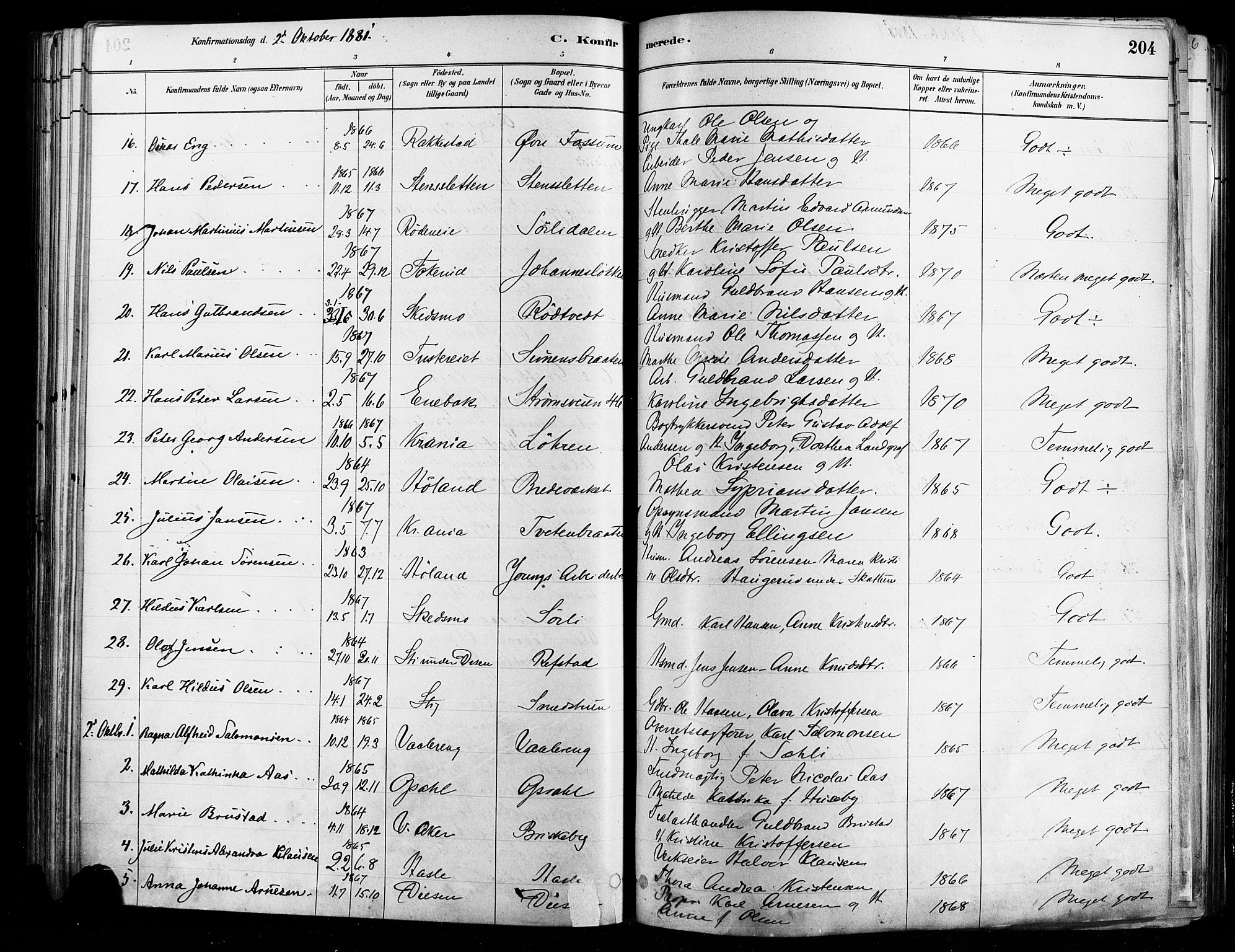 Østre Aker prestekontor Kirkebøker, SAO/A-10840/F/Fa/L0006: Parish register (official) no. I 5, 1879-1882, p. 204