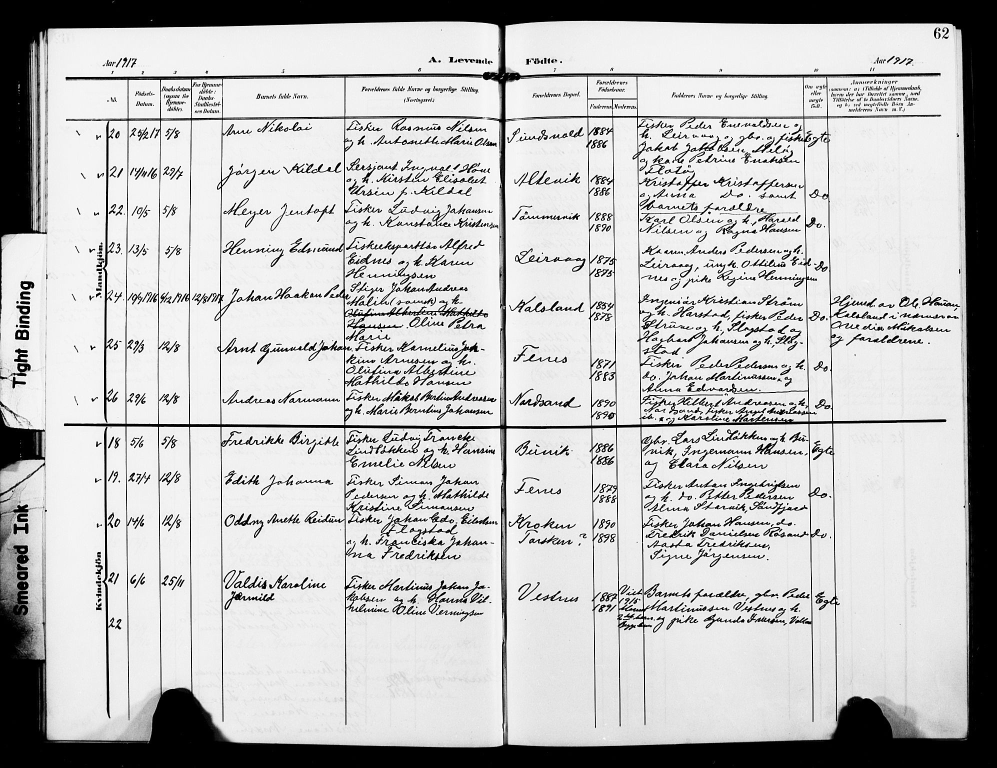 Sand/Bjarkøy sokneprestkontor, AV/SATØ-S-0811/I/Ia/Iab/L0004klokker: Parish register (copy) no. 4, 1905-1918, p. 62
