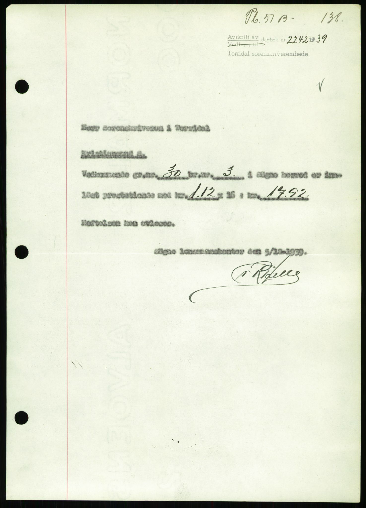 Torridal sorenskriveri, AV/SAK-1221-0012/G/Gb/Gbb/L0007: Mortgage book no. 51b, 1939-1940, Diary no: : 2242/1939