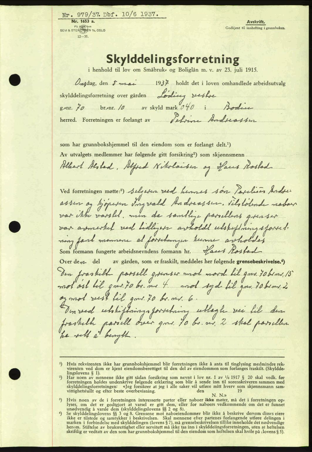 Salten sorenskriveri, AV/SAT-A-4578/1/2/2C: Mortgage book no. A1-4, 1936-1938, Diary no: : 979/1937