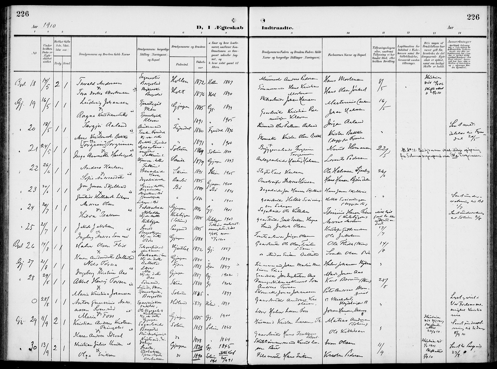 Gjerpen kirkebøker, SAKO/A-265/F/Fa/L0012: Parish register (official) no. I 12, 1905-1913, p. 226