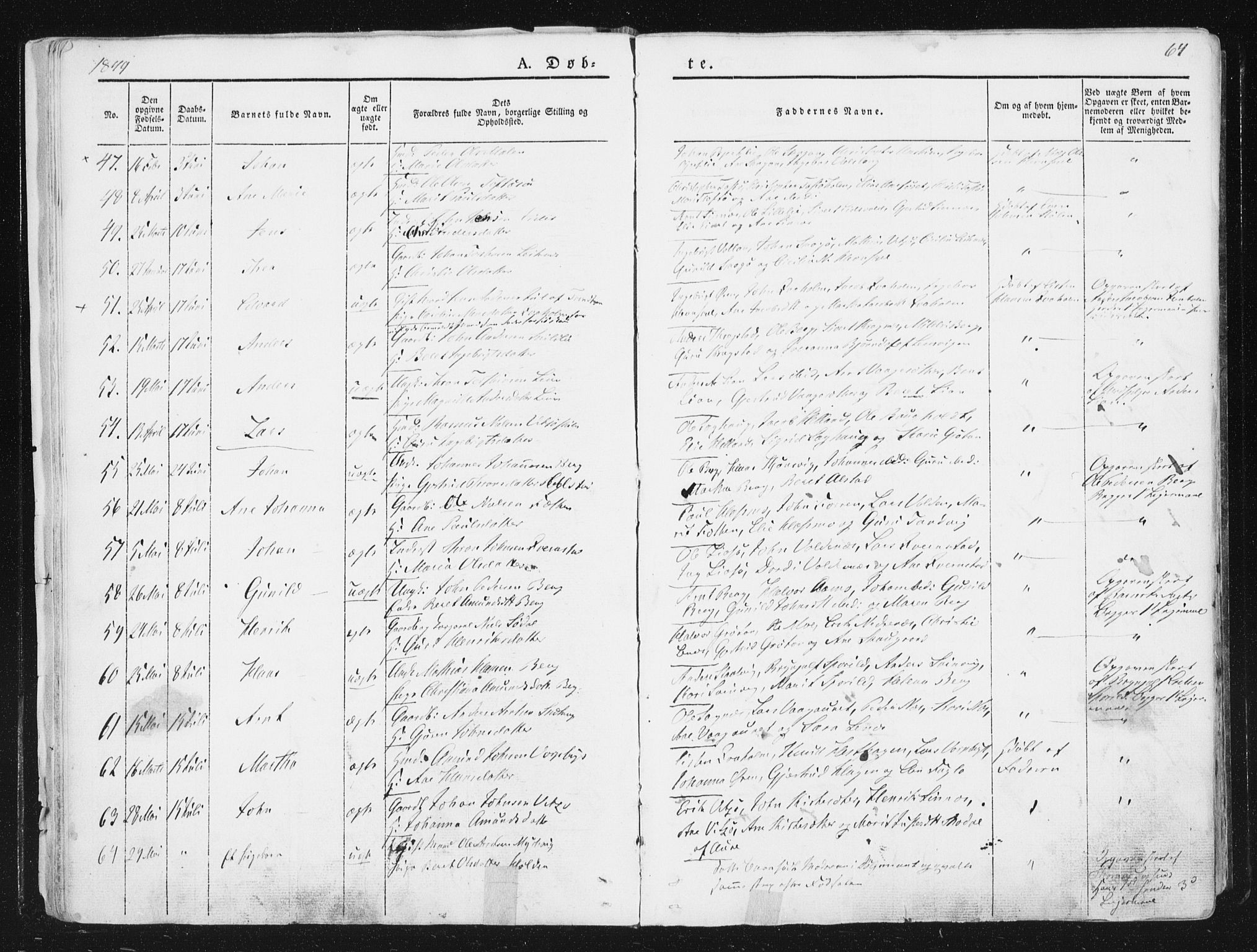 Ministerialprotokoller, klokkerbøker og fødselsregistre - Sør-Trøndelag, AV/SAT-A-1456/630/L0493: Parish register (official) no. 630A06, 1841-1851, p. 64