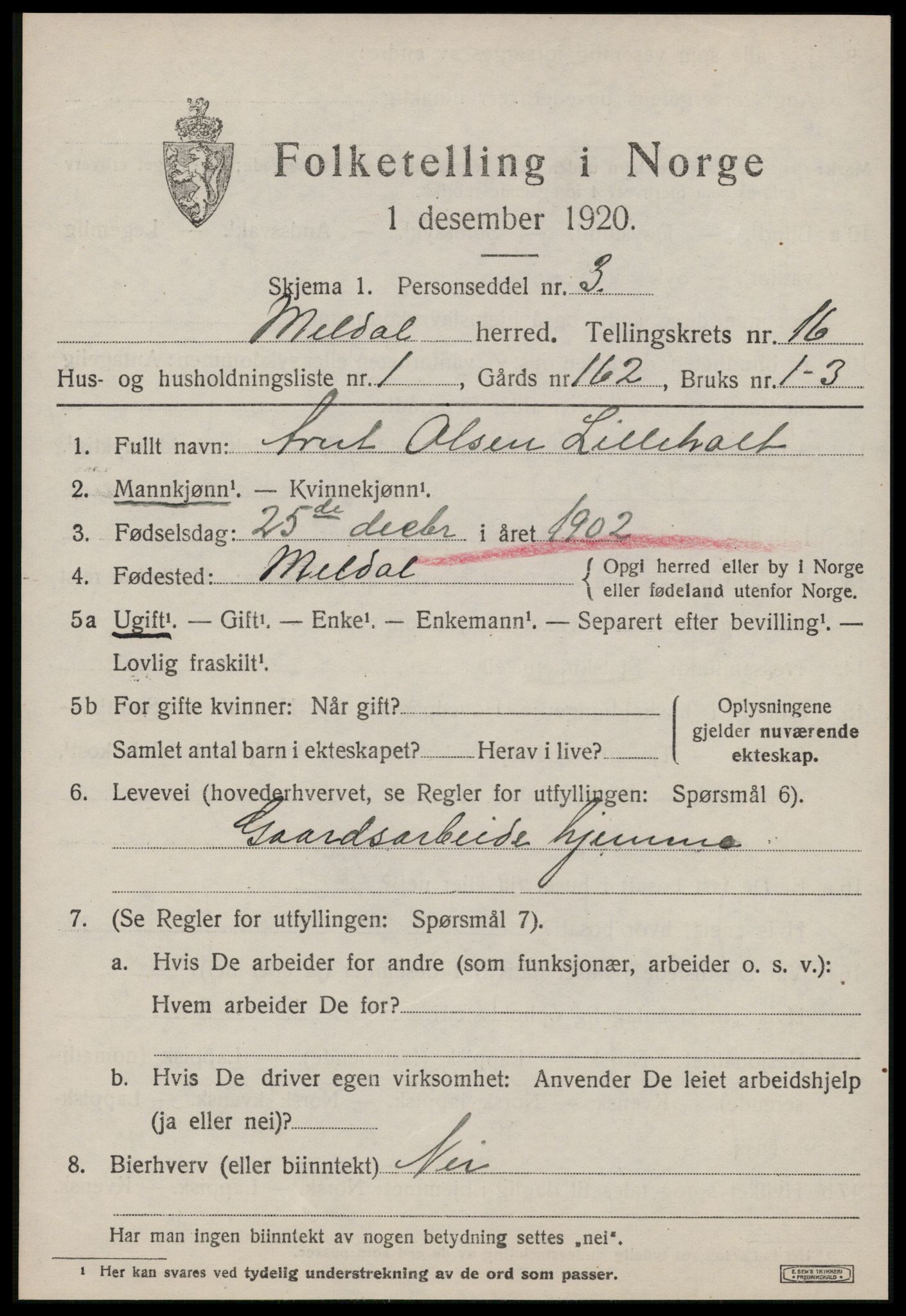 SAT, 1920 census for Meldal, 1920, p. 10833