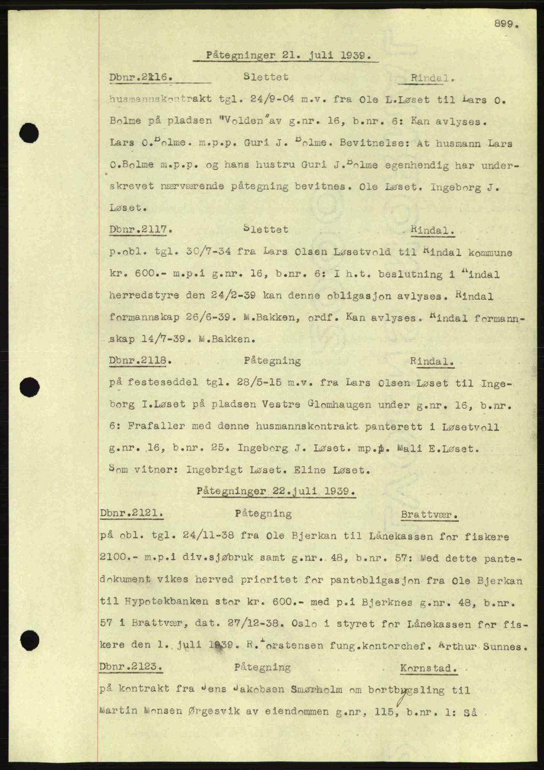 Nordmøre sorenskriveri, AV/SAT-A-4132/1/2/2Ca: Mortgage book no. C80, 1936-1939, Diary no: : 2116/1939