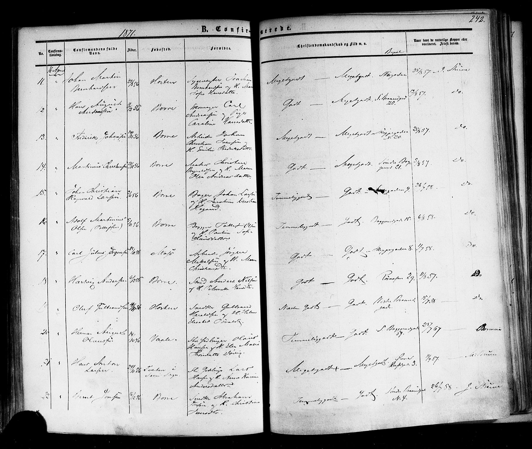 Horten kirkebøker, AV/SAKO-A-348/F/Fa/L0001: Parish register (official) no. 1, 1855-1871, p. 242