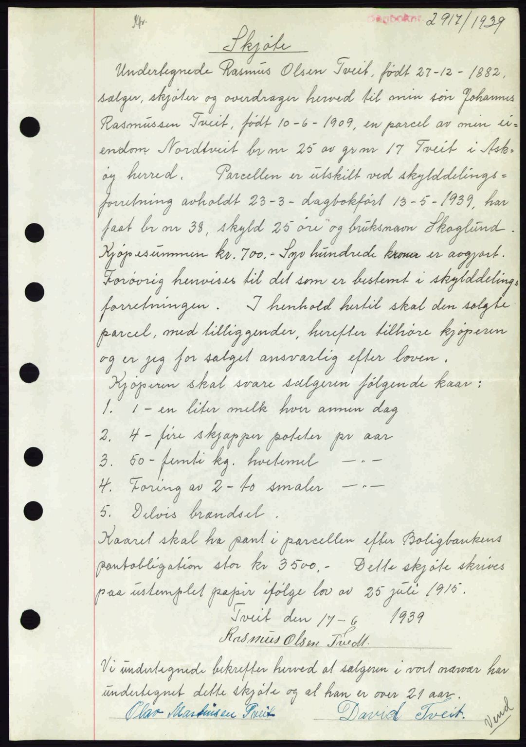 Midhordland sorenskriveri, AV/SAB-A-3001/1/G/Gb/Gbh/L0007: Mortgage book no. A13-14, 1939-1939, Diary no: : 2917/1939