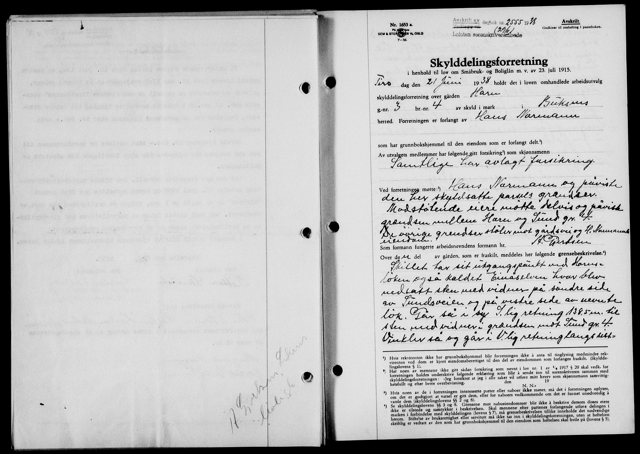 Lofoten sorenskriveri, SAT/A-0017/1/2/2C/L0004a: Mortgage book no. 4a, 1938-1938, Diary no: : 2555/1938