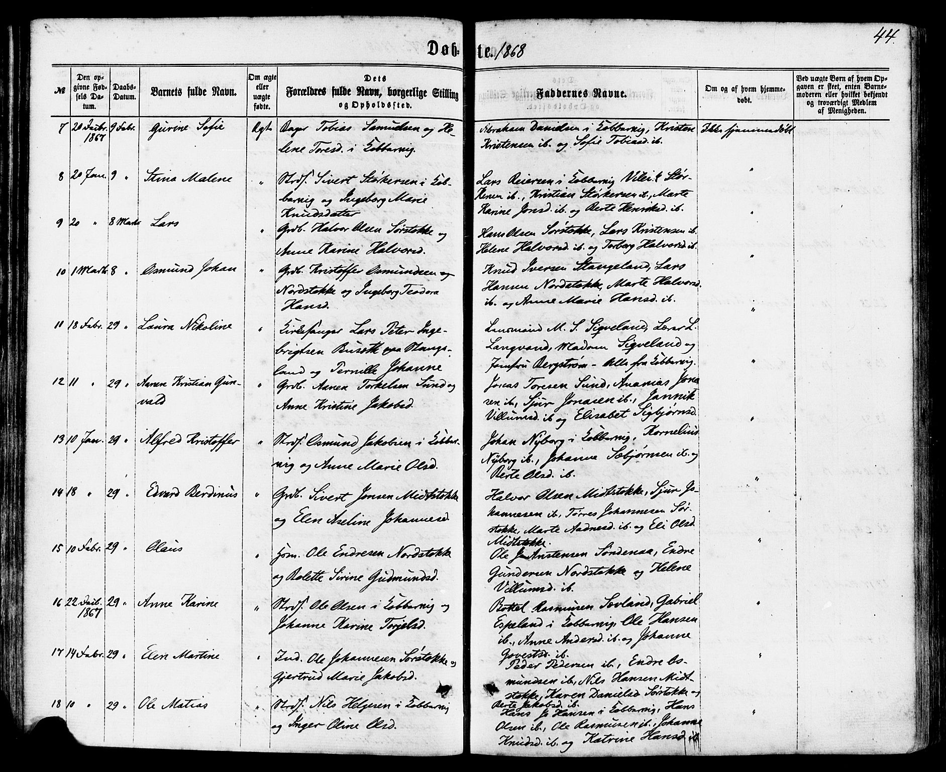 Avaldsnes sokneprestkontor, SAST/A -101851/H/Ha/Haa/L0011: Parish register (official) no. A 11, 1861-1880, p. 44