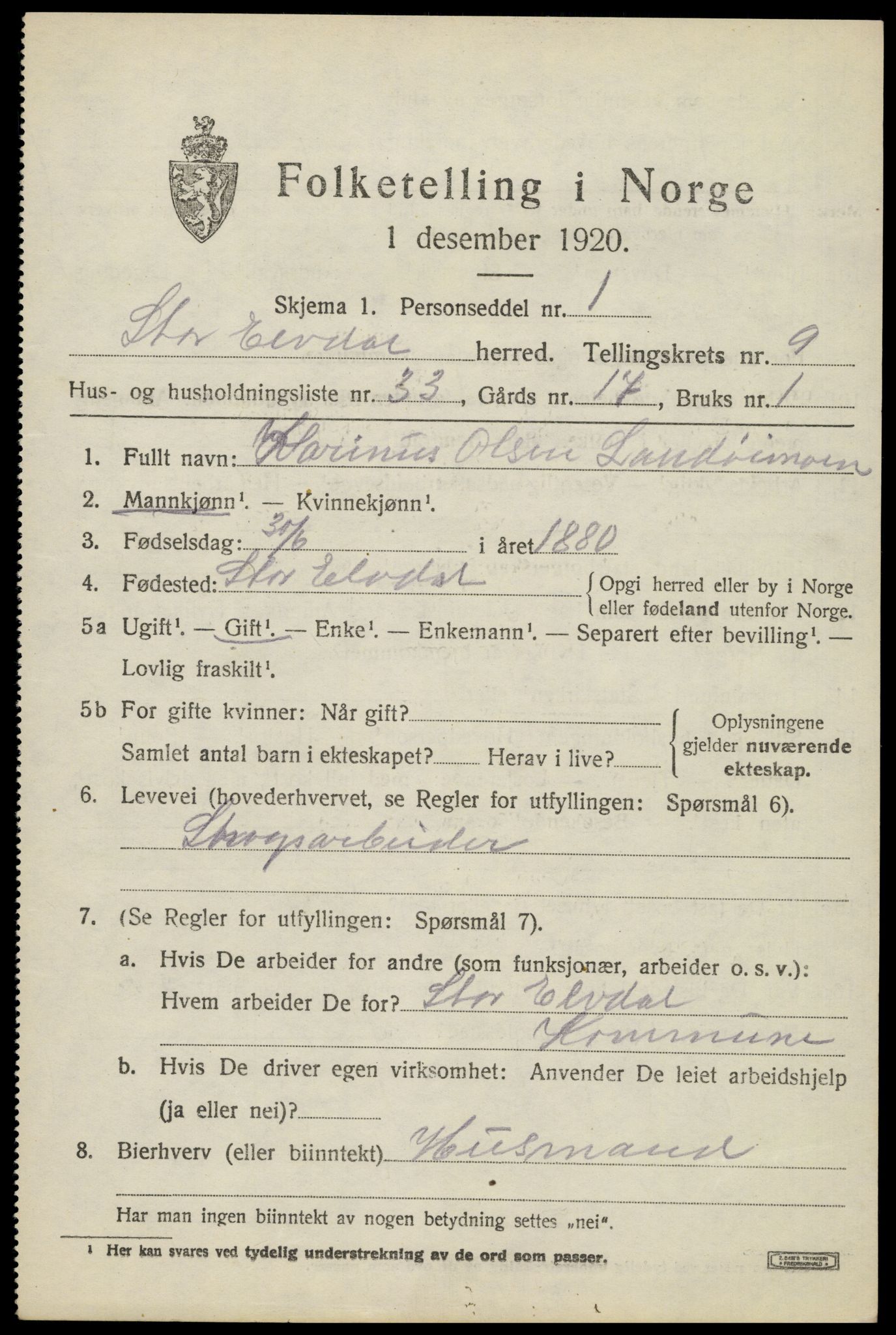 SAH, 1920 census for Stor-Elvdal, 1920, p. 8868