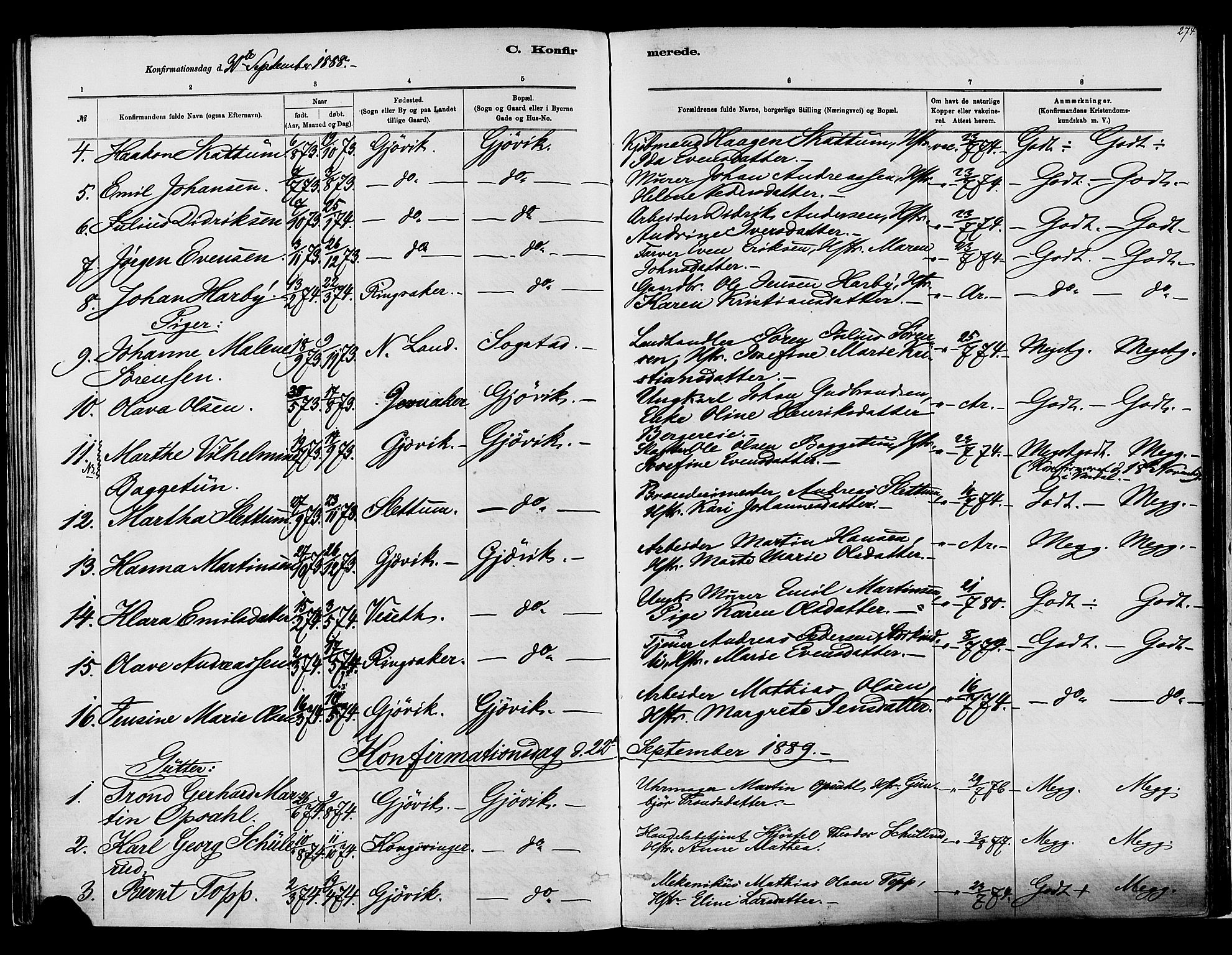 Vardal prestekontor, SAH/PREST-100/H/Ha/Haa/L0008: Parish register (official) no. 8, 1878-1890, p. 274
