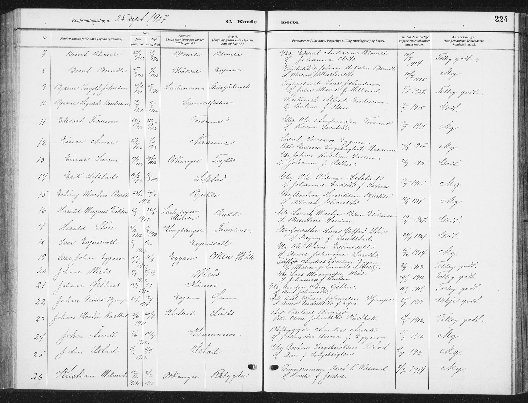 Ministerialprotokoller, klokkerbøker og fødselsregistre - Sør-Trøndelag, SAT/A-1456/668/L0820: Parish register (copy) no. 668C09, 1912-1936, p. 224
