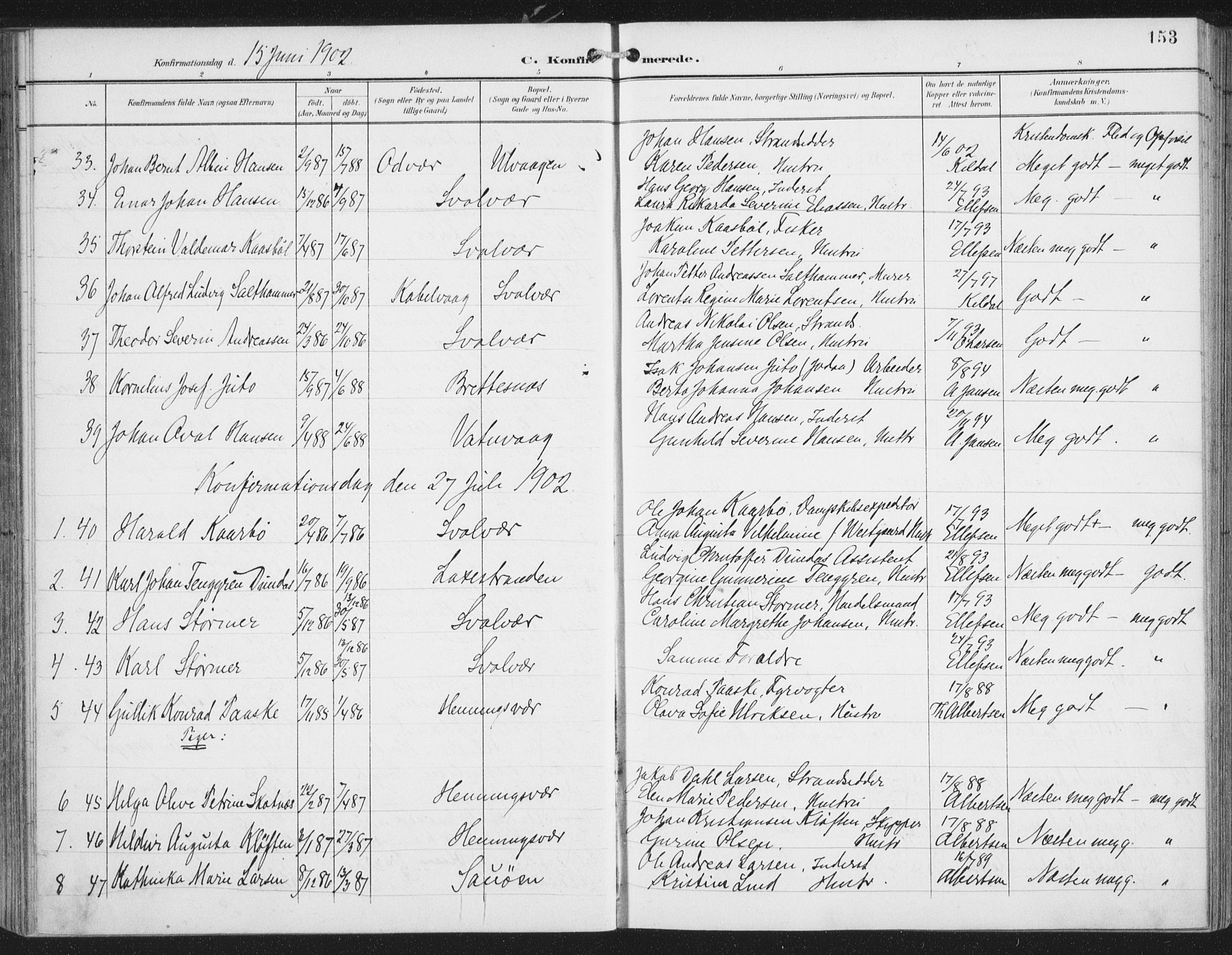 Ministerialprotokoller, klokkerbøker og fødselsregistre - Nordland, AV/SAT-A-1459/874/L1062: Parish register (official) no. 874A06, 1899-1907, p. 153