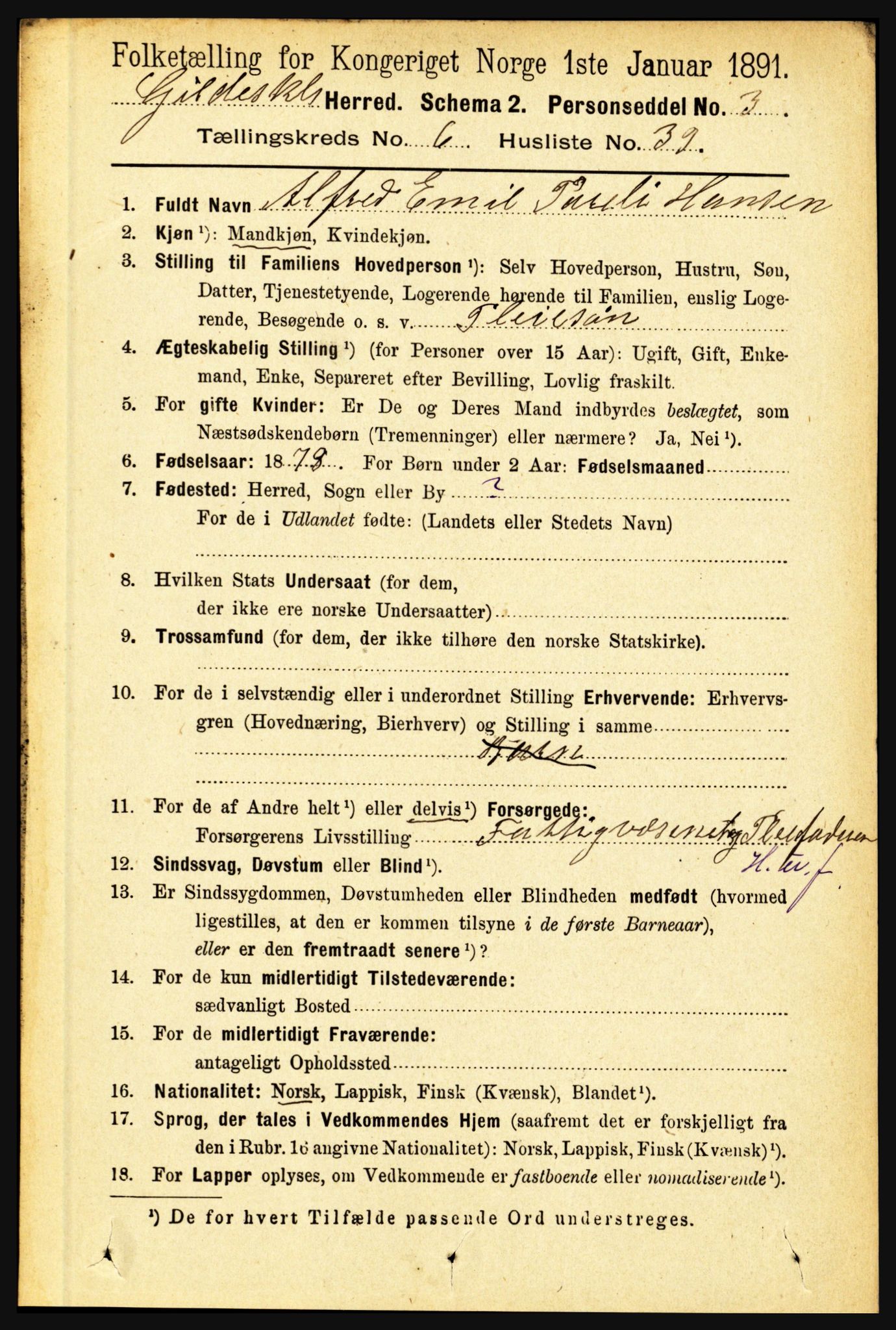 RA, 1891 census for 1838 Gildeskål, 1891, p. 2192