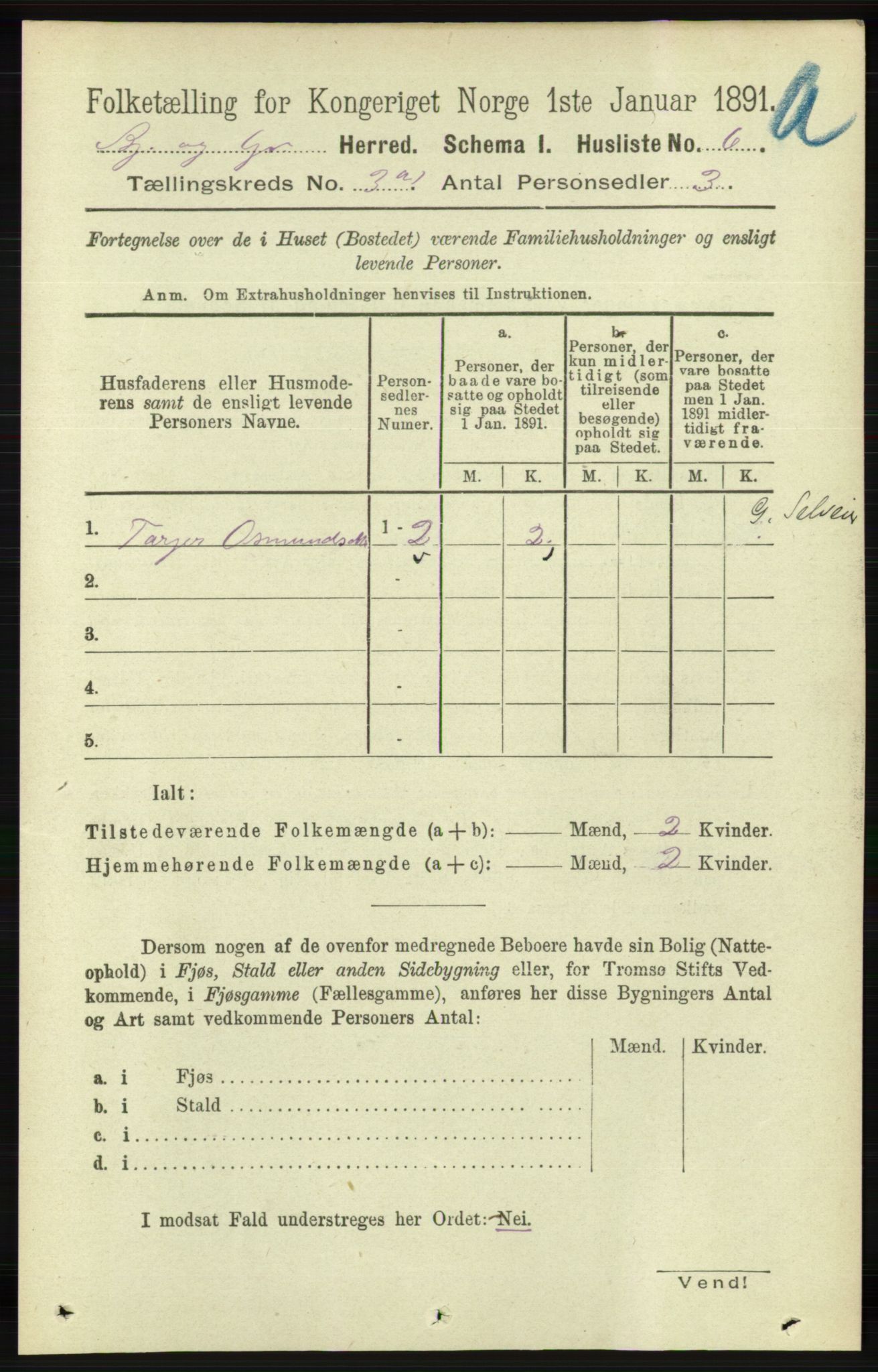 RA, 1891 census for 1024 Bjelland og Grindheim, 1891, p. 1411