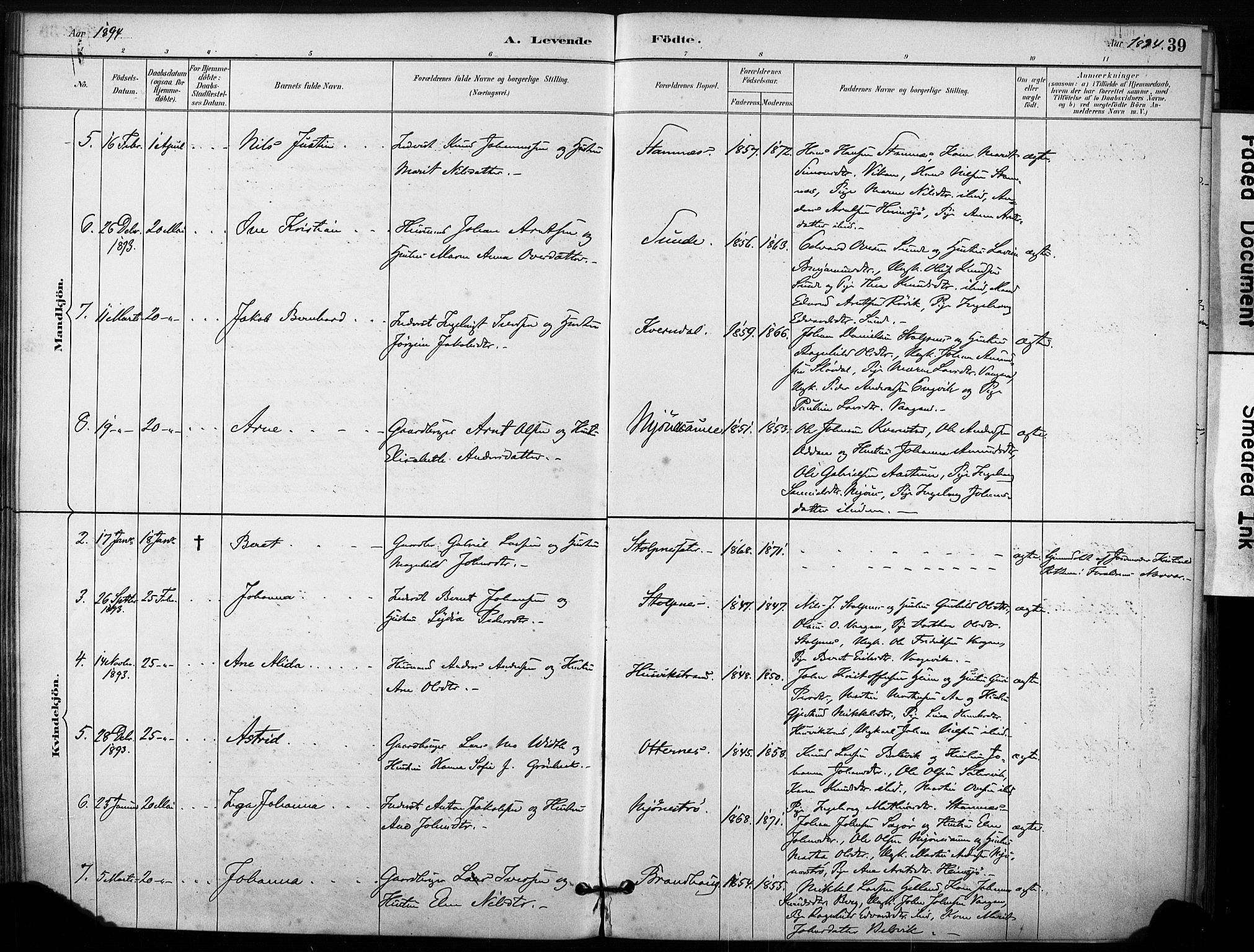 Ministerialprotokoller, klokkerbøker og fødselsregistre - Sør-Trøndelag, SAT/A-1456/633/L0518: Parish register (official) no. 633A01, 1884-1906, p. 39