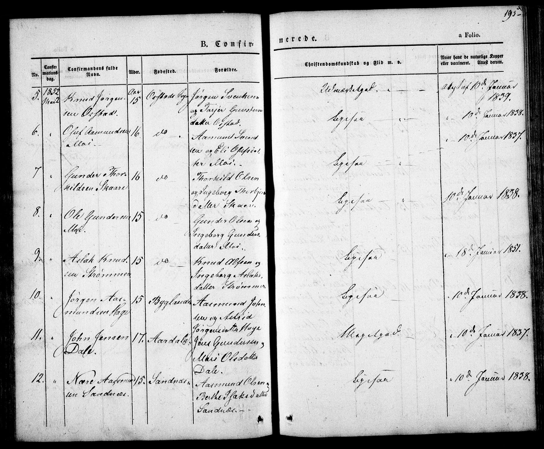 Bygland sokneprestkontor, AV/SAK-1111-0006/F/Fa/Fab/L0004: Parish register (official) no. A 4, 1842-1858, p. 195