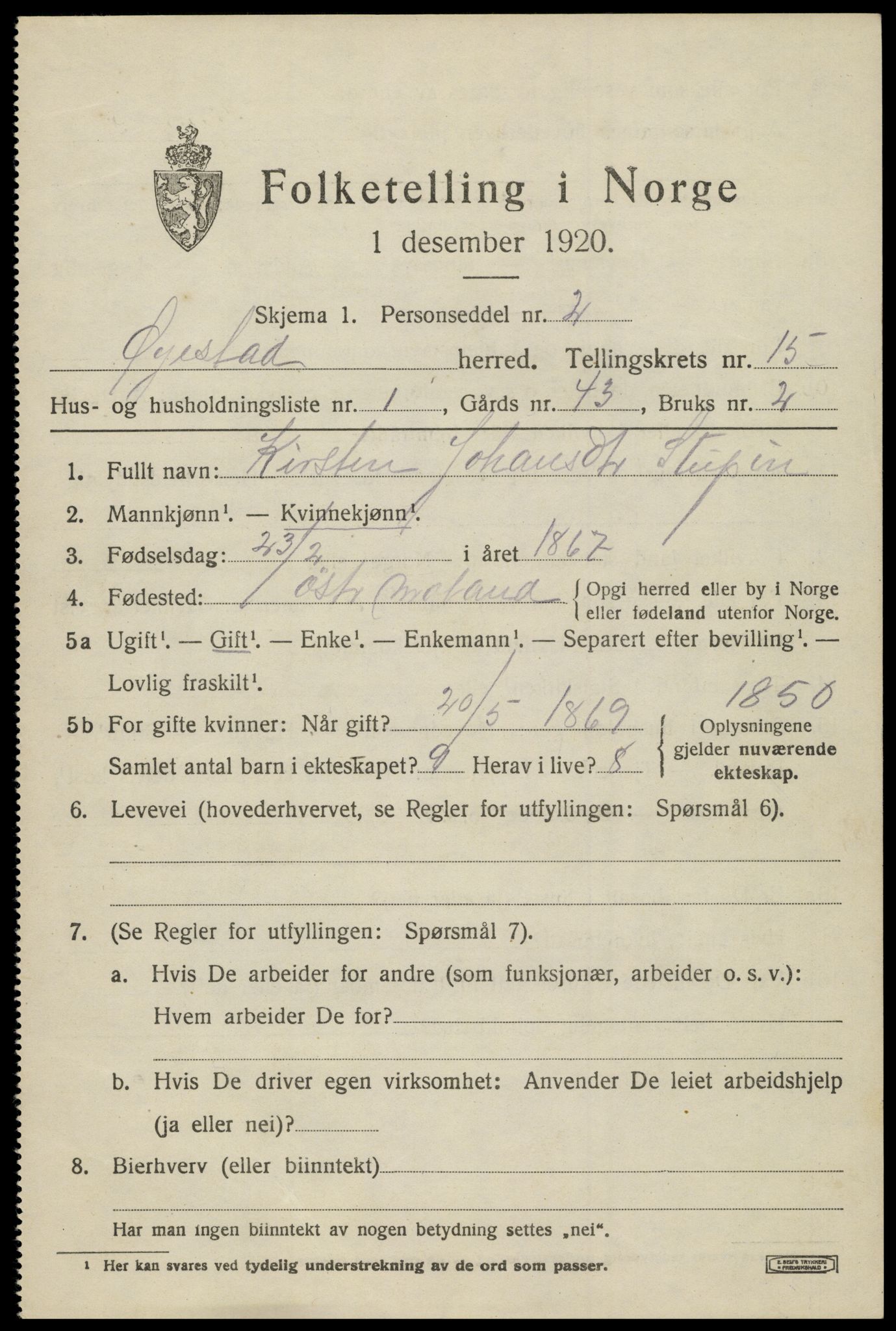 SAK, 1920 census for Øyestad, 1920, p. 10096