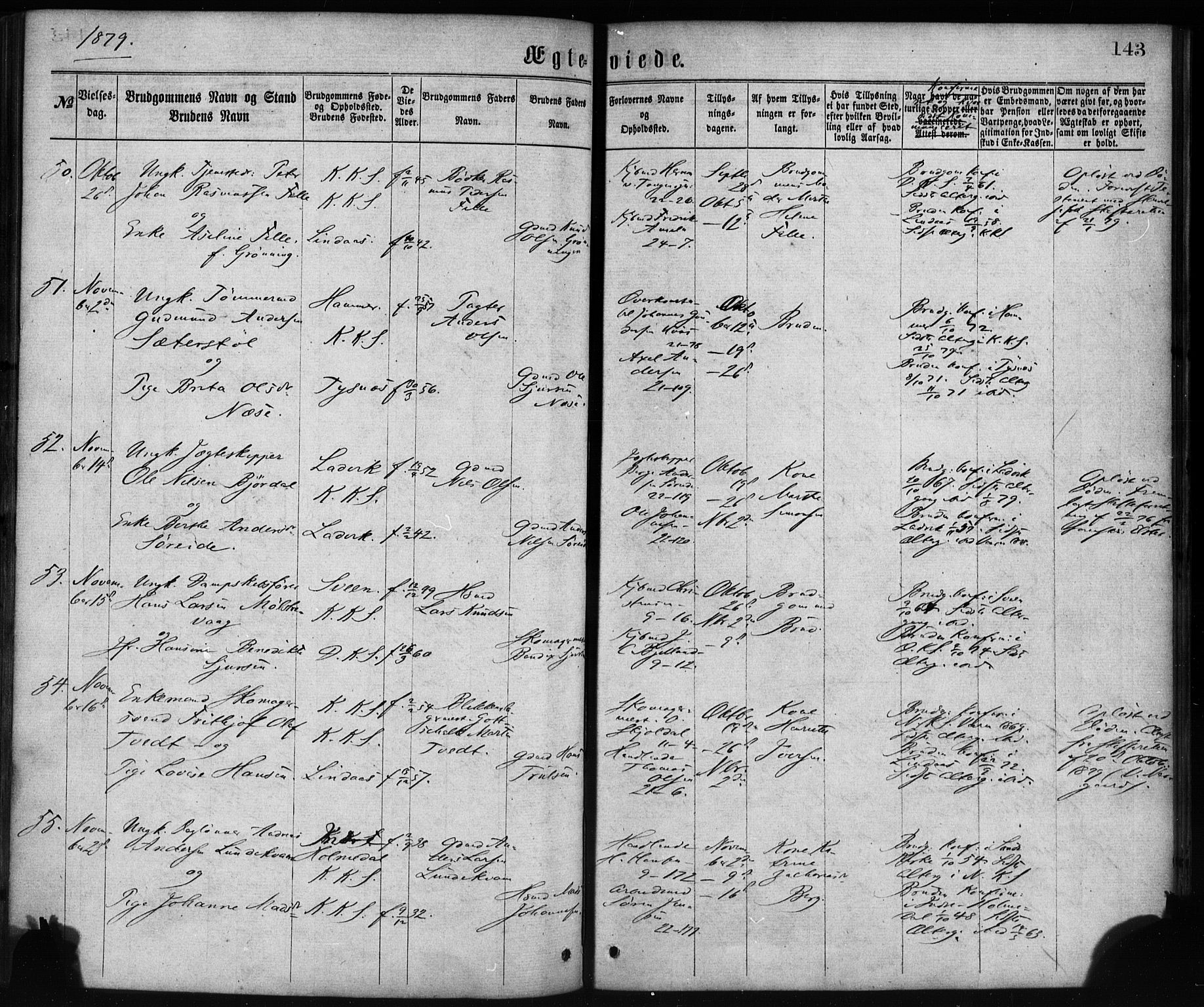 Korskirken sokneprestembete, SAB/A-76101/H/Haa/L0036: Parish register (official) no. D 3, 1867-1882, p. 143