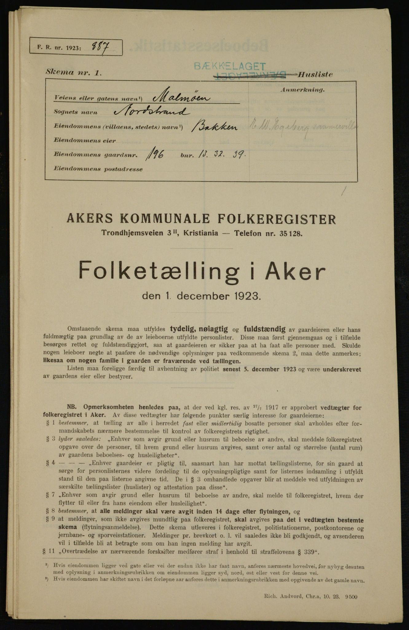 , Municipal Census 1923 for Aker, 1923, p. 42101