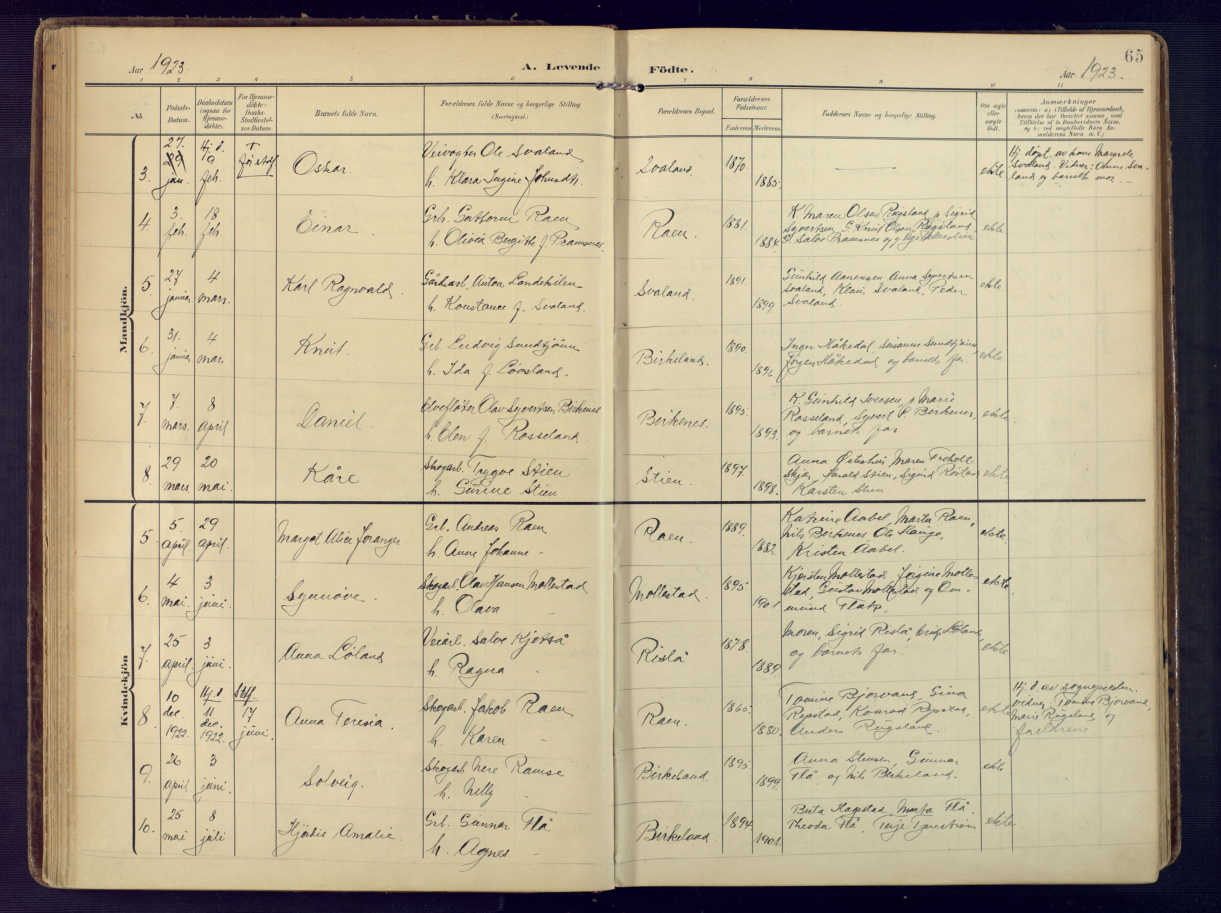 Birkenes sokneprestkontor, SAK/1111-0004/F/Fa/L0006: Parish register (official) no. A 6, 1908-1932, p. 65