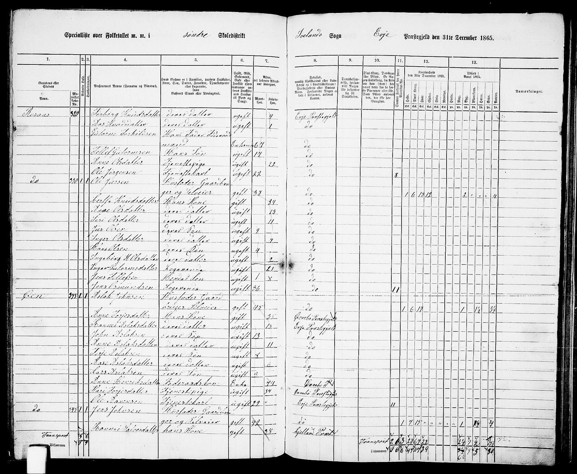 RA, 1865 census for Evje, 1865, p. 156