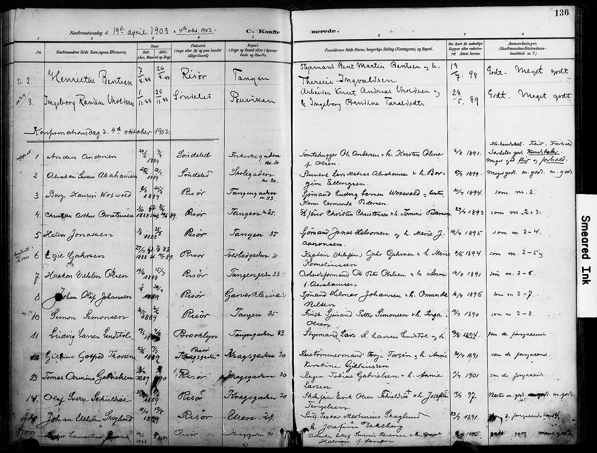Risør sokneprestkontor, AV/SAK-1111-0035/F/Fa/L0010: Parish register (official) no. A 10, 1896-1906, p. 136