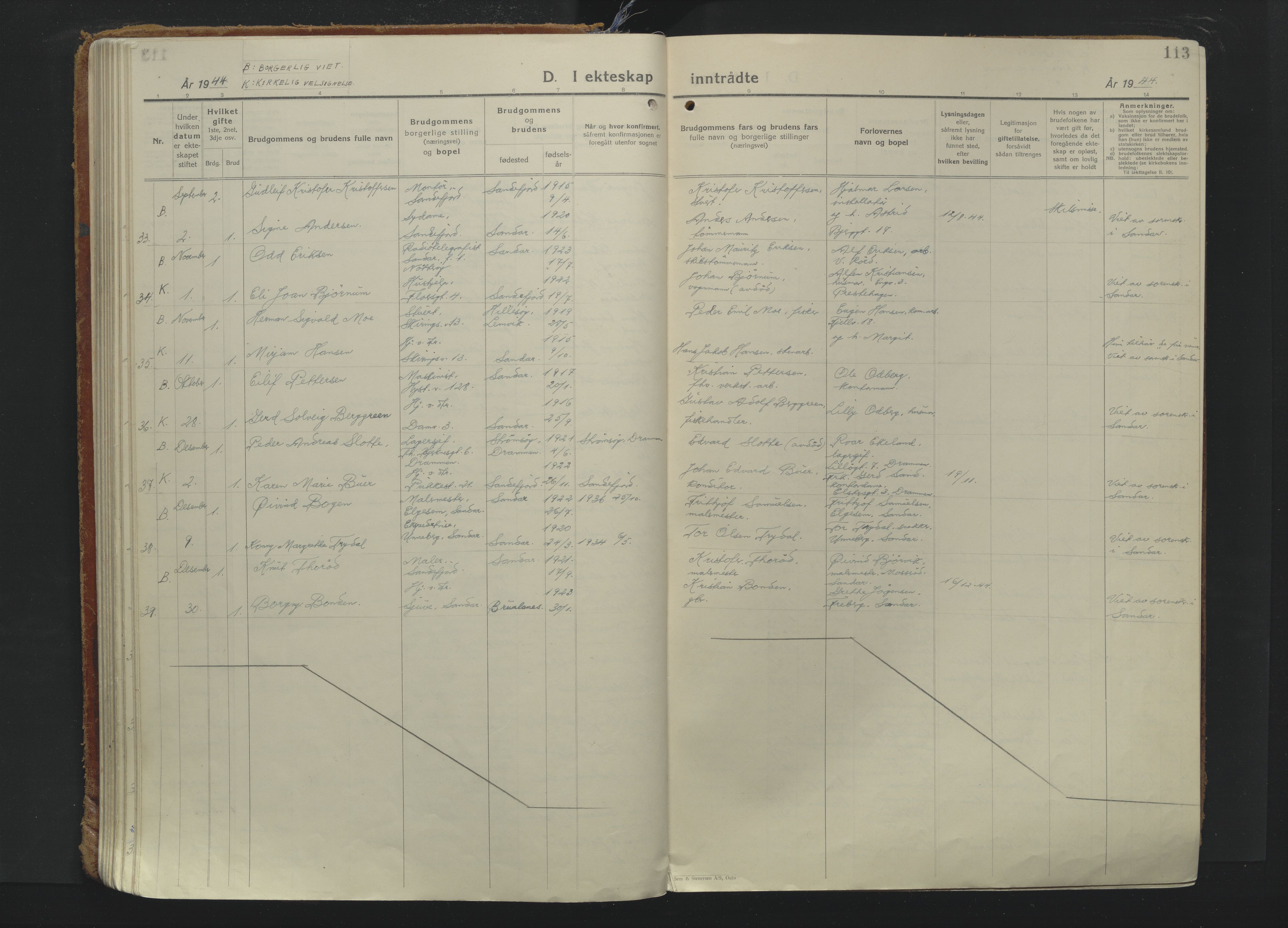 Sandefjord kirkebøker, AV/SAKO-A-315/F/Fa/L0009: Parish register (official) no. 9, 1926-1945, p. 113