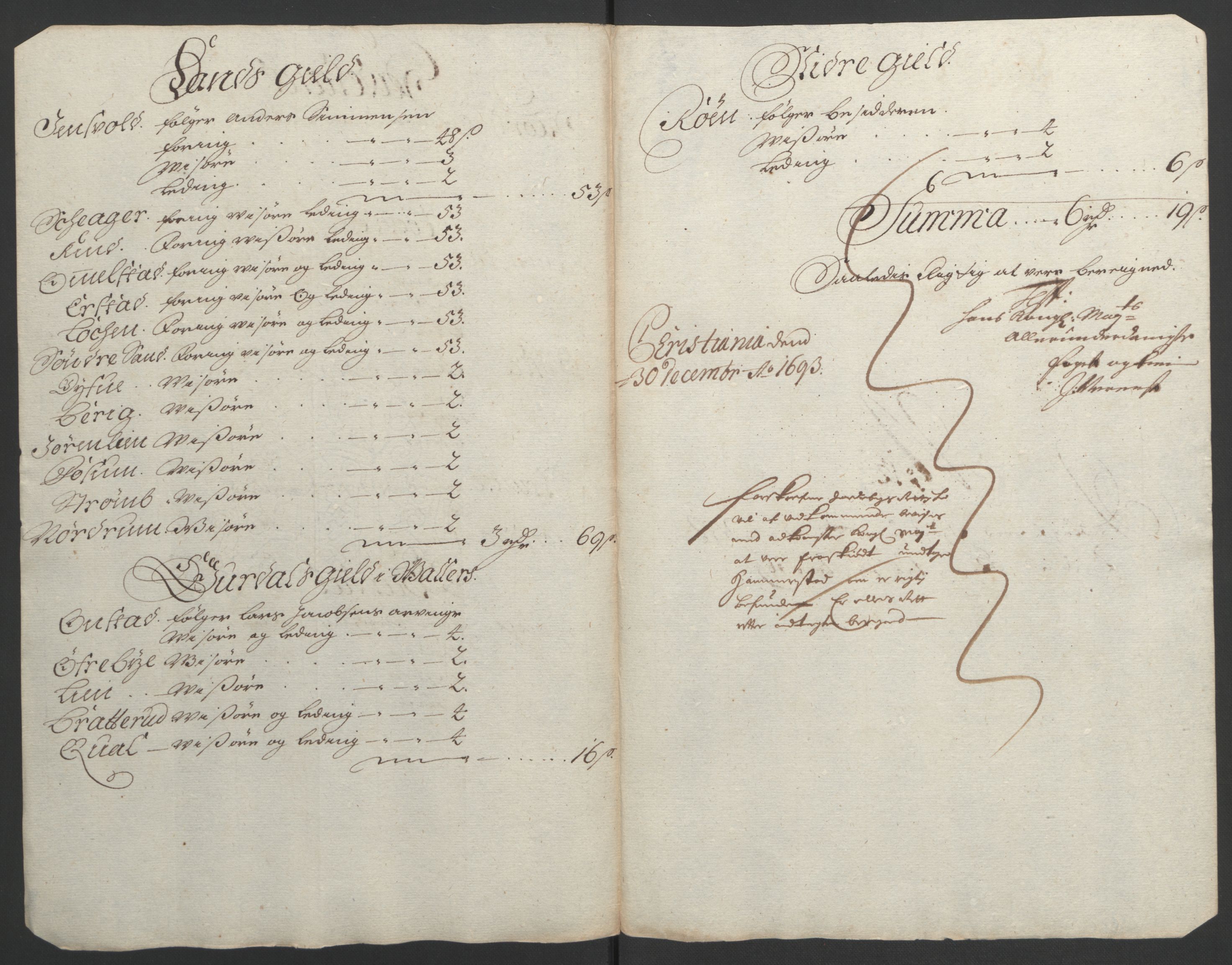 Rentekammeret inntil 1814, Reviderte regnskaper, Fogderegnskap, AV/RA-EA-4092/R18/L1292: Fogderegnskap Hadeland, Toten og Valdres, 1693-1694, p. 162