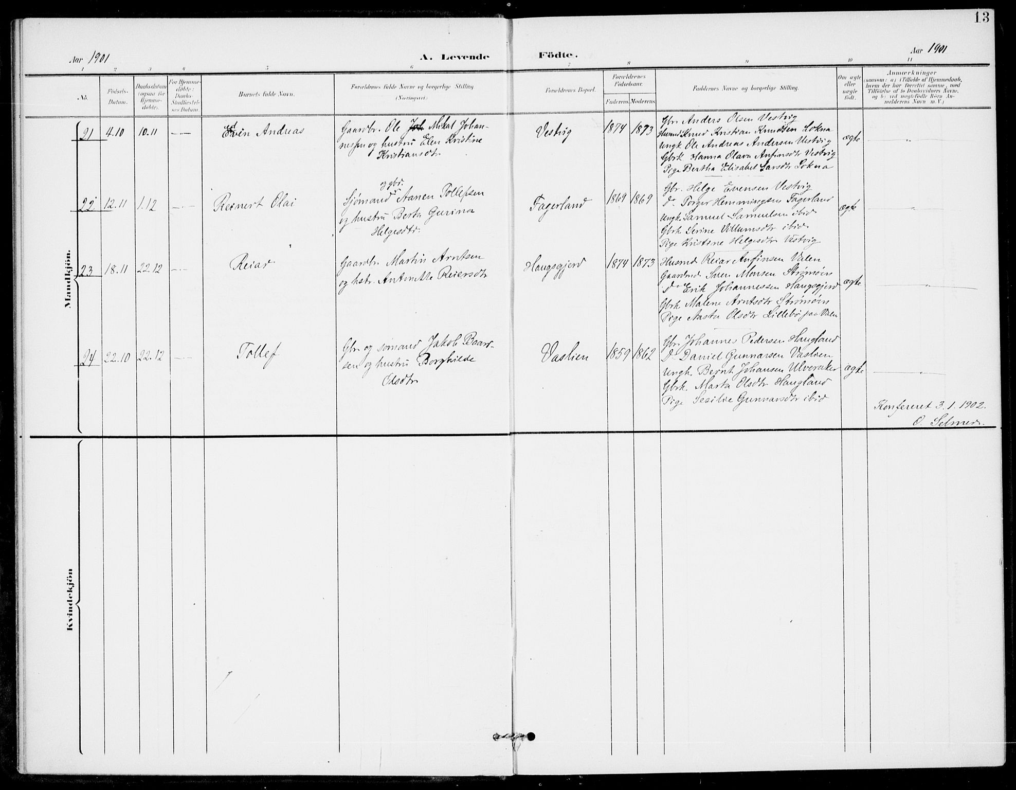 Sveio Sokneprestembete, AV/SAB-A-78501/H/Haa: Parish register (official) no. C 3, 1899-1916, p. 13