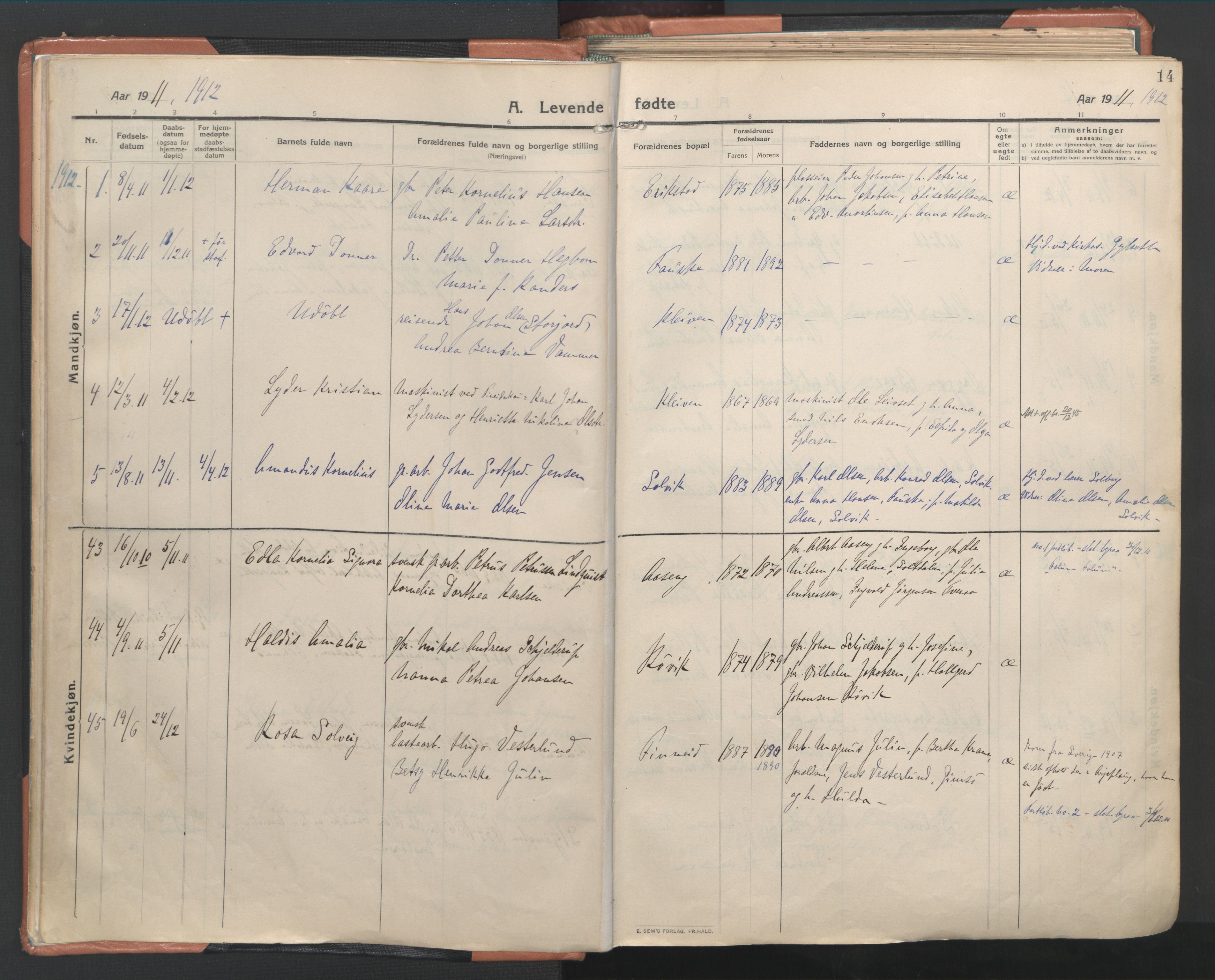Ministerialprotokoller, klokkerbøker og fødselsregistre - Nordland, SAT/A-1459/849/L0698: Parish register (official) no. 849A09, 1911-1924, p. 14