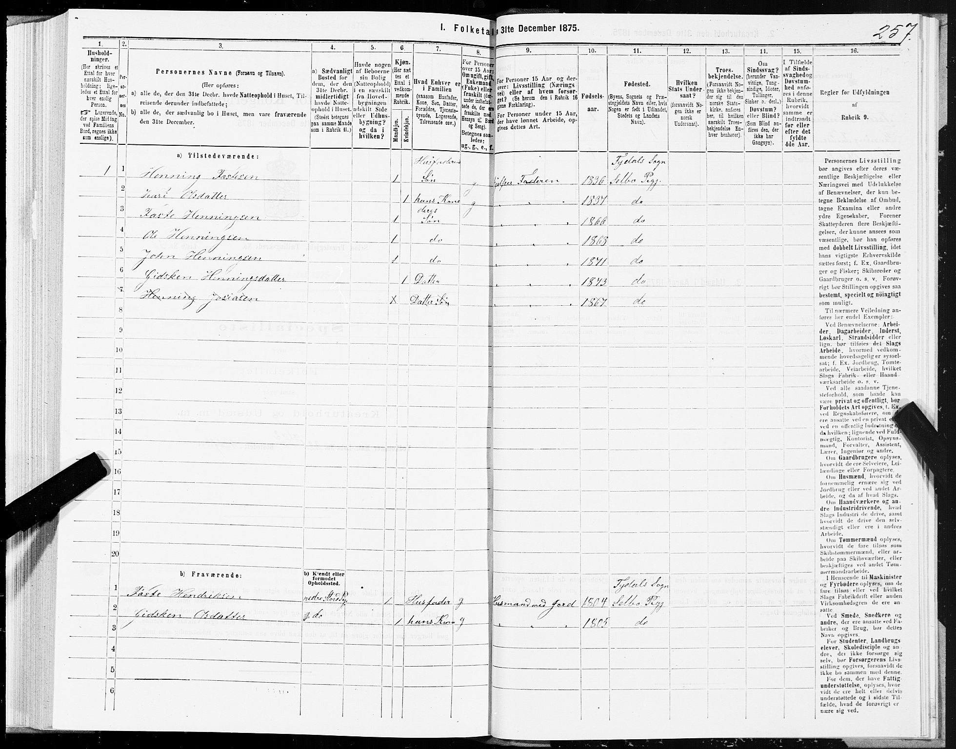 SAT, 1875 census for 1664P Selbu, 1875, p. 7257