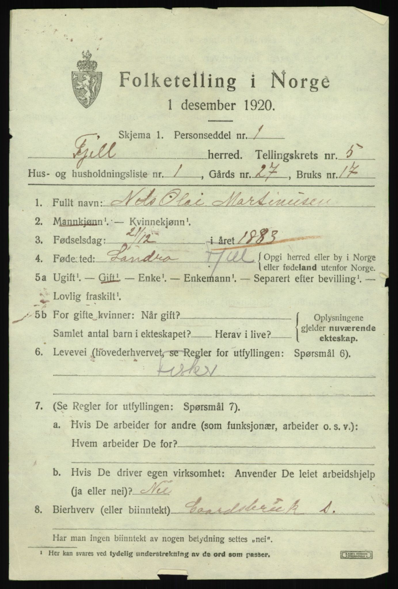 SAB, 1920 census for Fjell, 1920, p. 4442